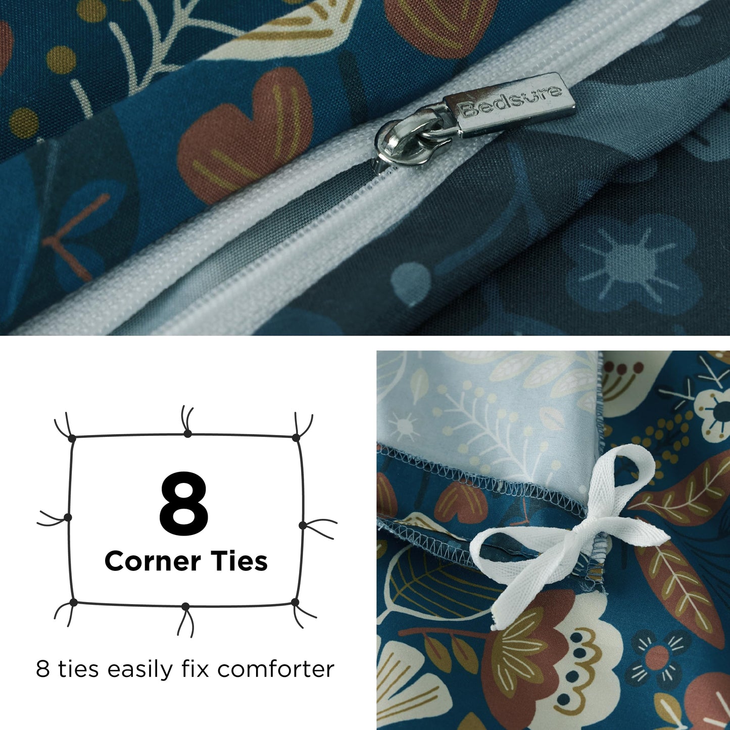 Bedsure Duvet Cover King Size - Reversible Floral Duvet Cover Set with Zipper Closure, 3 Pieces Navy Blue Bedding Set with 8 Corner Ties and 2 Pillow Shams 20"x36"
