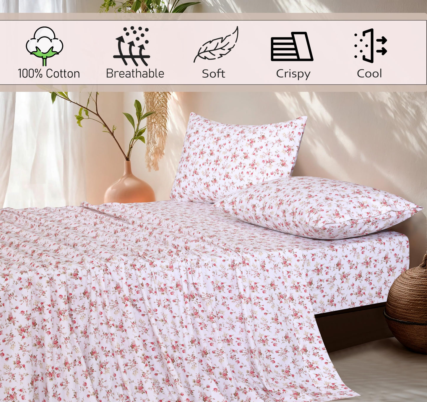 RUVANTI 100% Cotton Percale Sheets Full Size, Bouquet