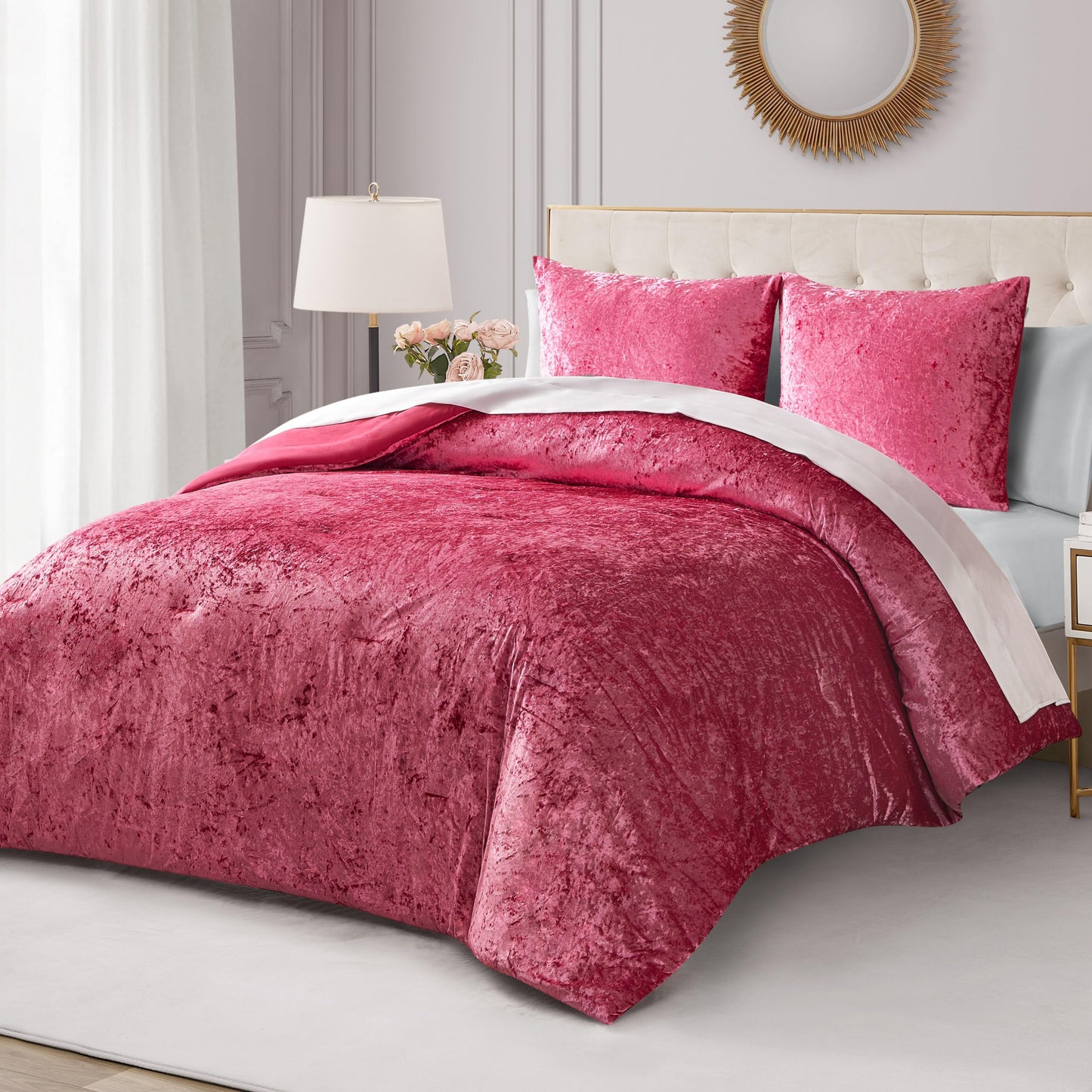 Juicy Couture Crushed Velvet Queen Comforter and Sham Set, 3-Piece Full/Queen Bedding Set - (1) 90"x90" Comforter and (2) 20"x26" Sham - Hot Pink