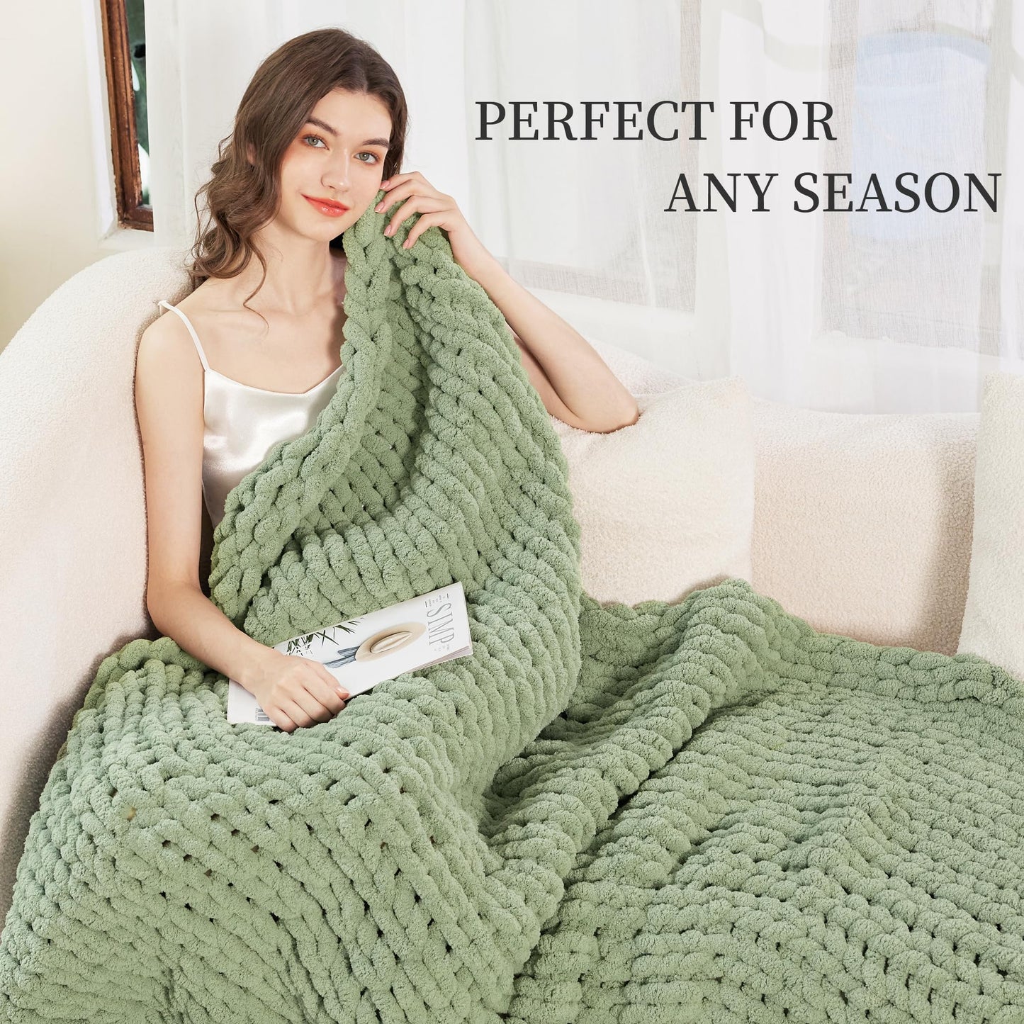 Admitrack Chunky Knit Blanket Throw, 100% Hand Knit Chenille Throw Blanket for Sofa & Home Decor, Soft and Cozy Knitted Throw Blankets (Sage Green，40"x50")