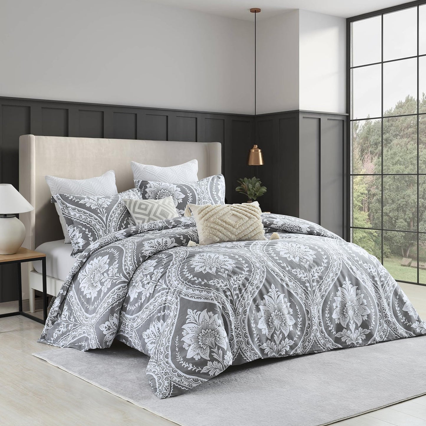 VOOVY Grey Duvet Cover King - 3 Pieces Paisley Damask King Size, Ultra Soft Breathable Bedding Duvet Cover Set with 100% Cotton for All Season, 104"x90", No Comforter
