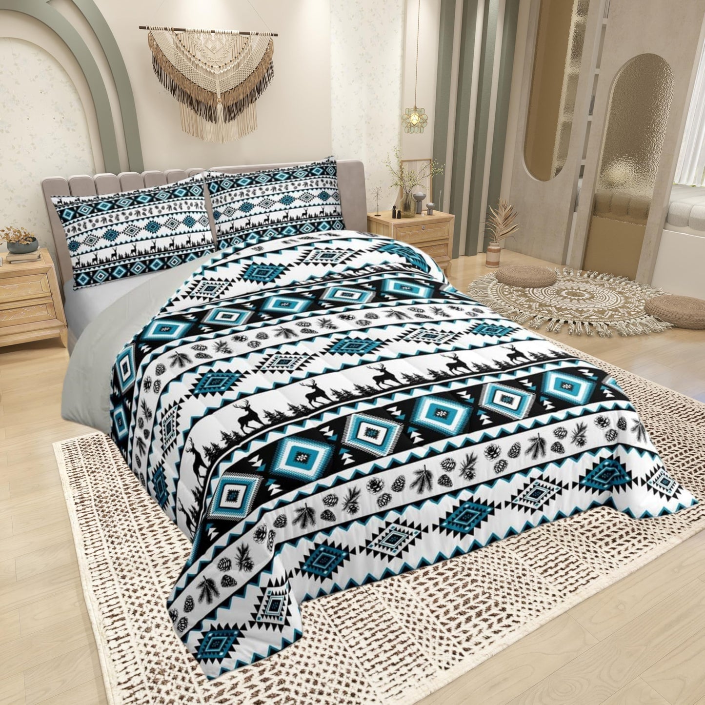 Deer Silhouettes Comforter Set Queen Size ,Aztec Abstract Geometric Print Down Alternative Adults Room Decor,Western Elk Animals Southwest Tribal Ethnic Ultra Soft Microfiber Inner Fill 3Pcs Bedding
