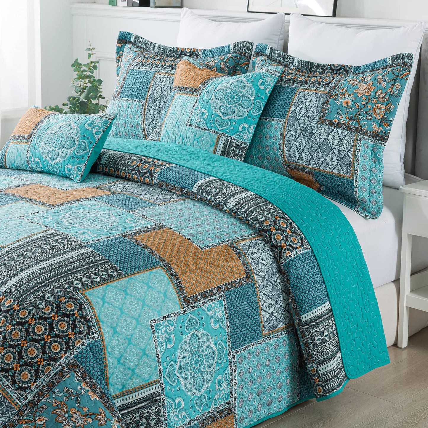 BEDIFANY 3 Pieces Cotton King Size Quilt Sets, King Bedspread Lightweight Quilted Reversible Coverlets Farmhouse Quilt Bedding Sets Boho King Quilt Set for Bed Decorations for All Seasons