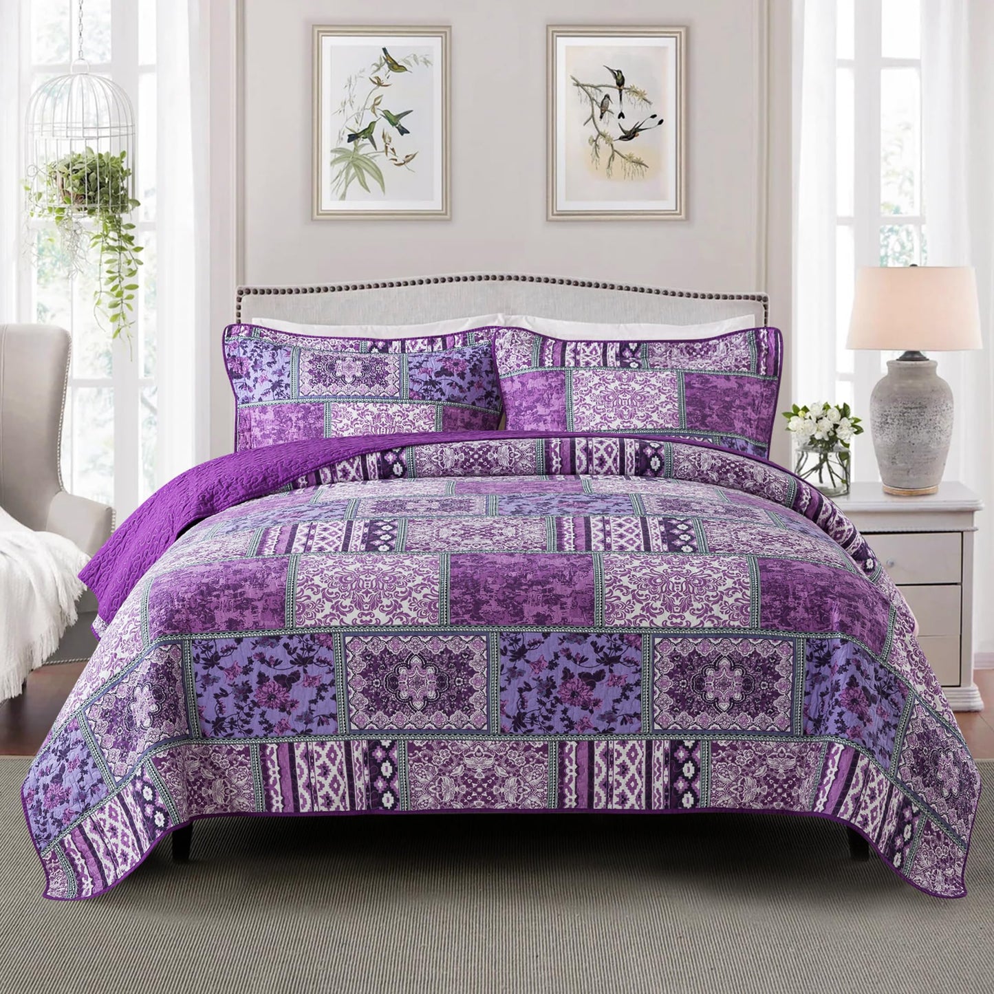 Etwel Cotton Patchwork Queen Size Quilt Set - Lightweight Breathable Reversible Bedspread for Hot Sleepers, Farmhouse Floral Bedding Set with 2 Pillow Shams for All Season (90"x98", Purple)