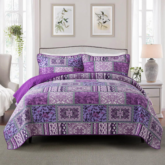 Etwel Cotton Patchwork Queen Size Quilt Set - Lightweight Breathable Reversible Bedspread for Hot Sleepers, Farmhouse Floral Bedding Set with 2 Pillow Shams for All Season (90"x98", Purple)