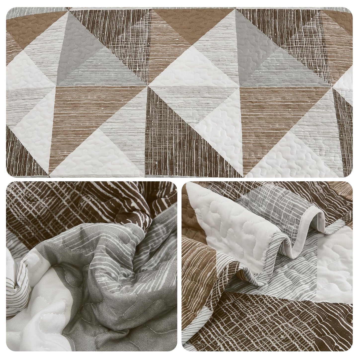 Dintszyayue Quilt Queen Size Brown, 3 Pieces Patchwork Bedspread Bedding for Queen Size Bed, Soft Lightweight Microfiber Geometric Coverlet Set for All Season Quilt with 2 Pillowcases