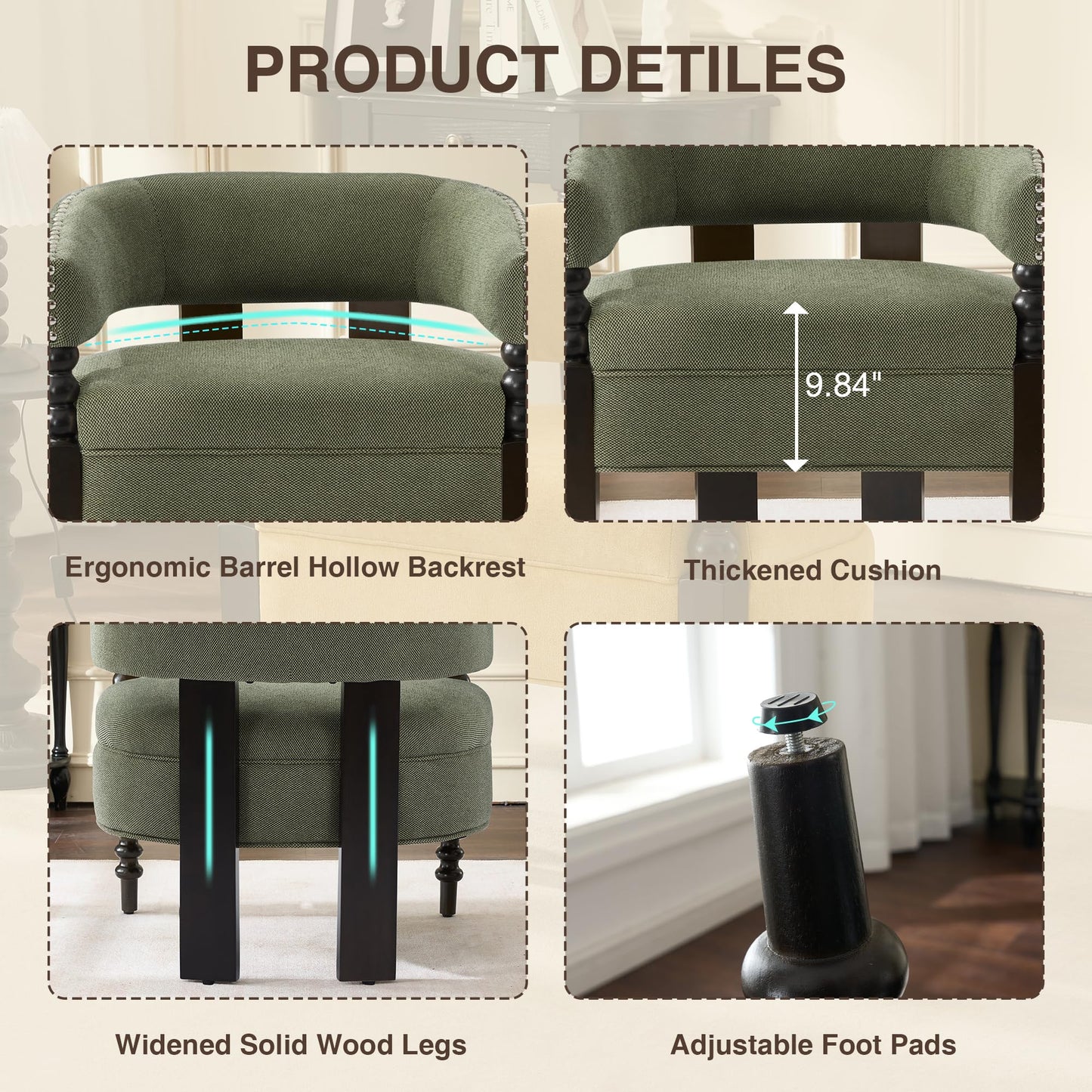 LOULENS Barrel Accent Chair for Living Room | Vintage Linen Upholstered Lounge Chair with Solid Wood Legs, Armchair for Bedroom, Reception Room & Reading Nook, Dark Green