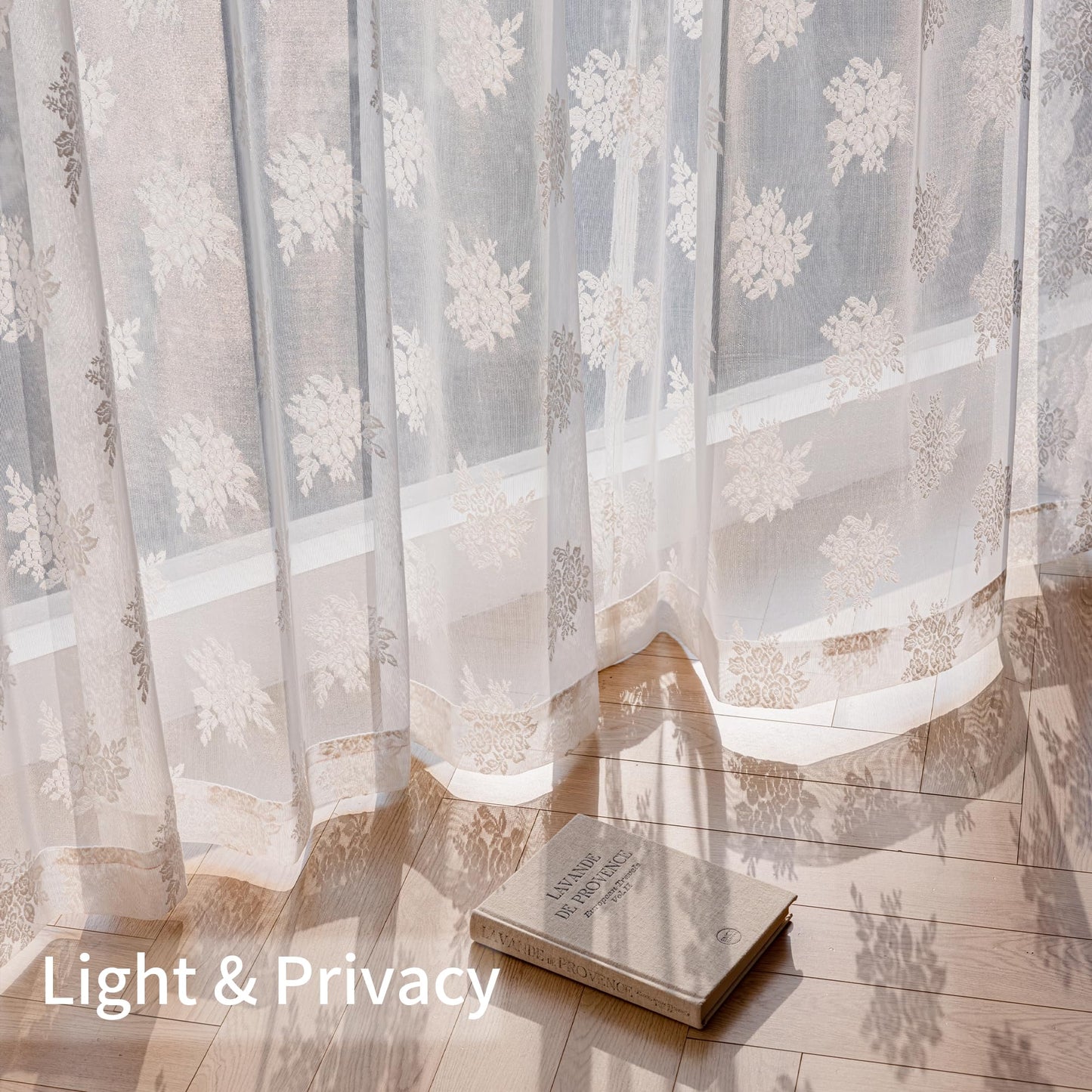 Ivory Lace Curtains 90 Inch Long Vintage Rose with Scalloped Edges Semi Sheer Privacy Curtain Drapes for Living Room, Bedroom Cream Lace Window Curtains with Rod Pocket, 57"W x 90"L, 3 Panels