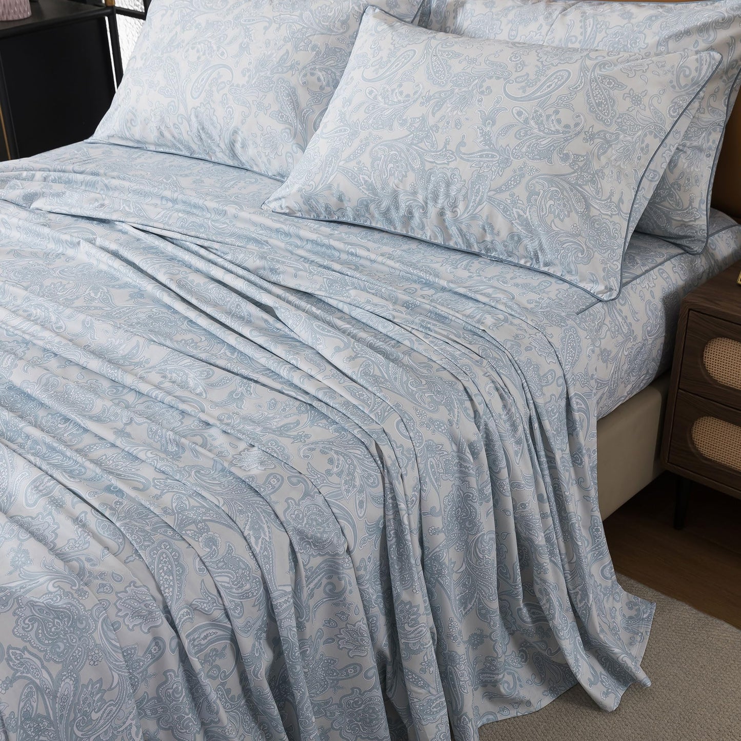 FADFAY Sheets Set Full 100% Cotton, 4-Piece Shabby Paisley Floral Bedding Light Blue Boho Paisley Bed Sheet Set, Vintage Farmhouse Bedding Soft & Breathable Deep Pocket Fitted Sheet for All Seasons