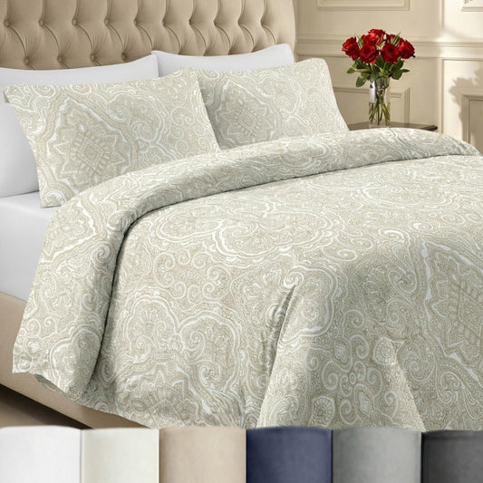 California Design Den Full/Queen Size Duvet Cover Set, 400 Thread Count 100% Cotton, Sateen Comforter Cover & 2 Pillow Shams Bedding Queen Size Set, Button Closure, Corner Ties (Paisley Beige)