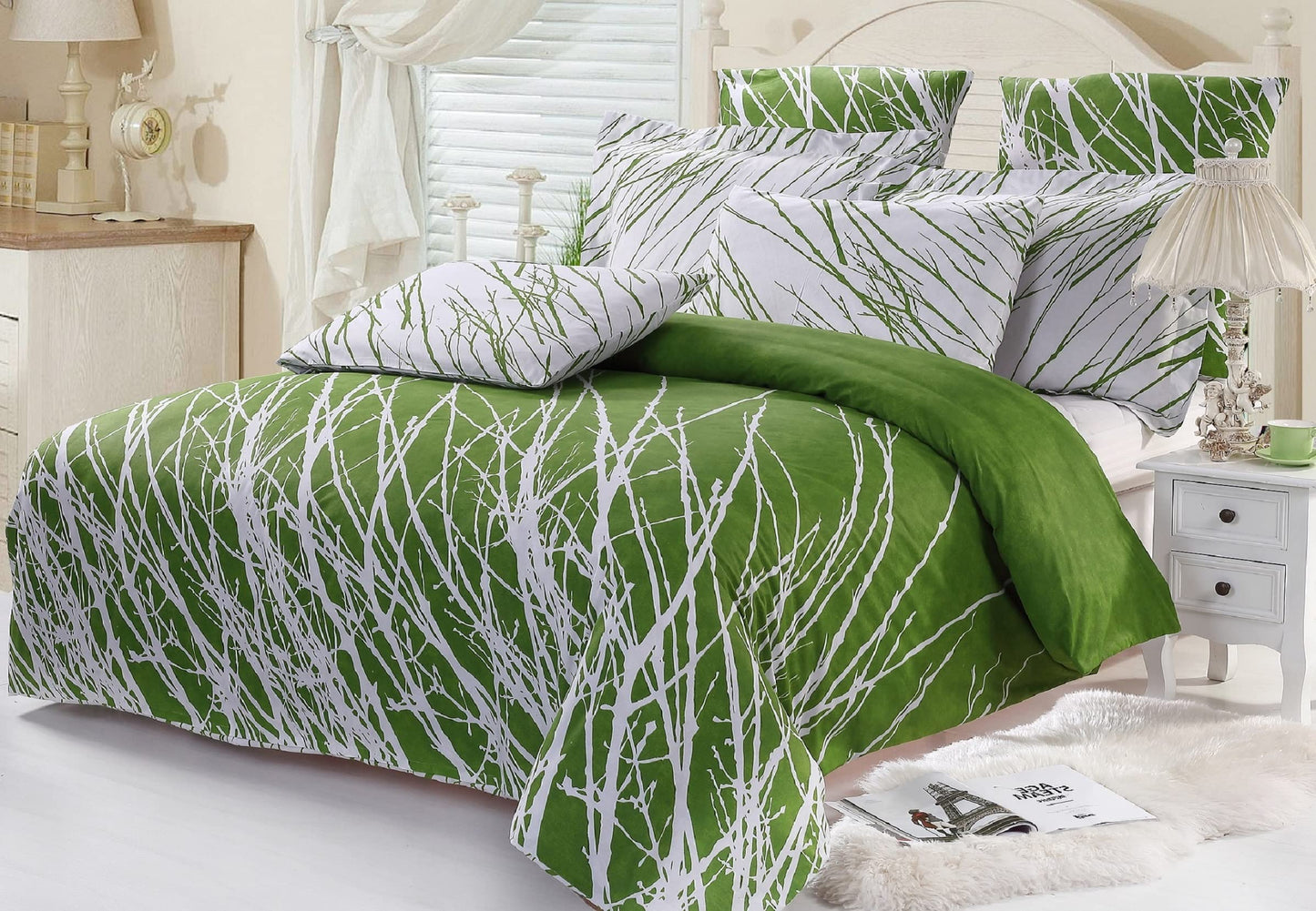 Swanson Beddings Tree Branches 3-Piece 100% Cotton Bedding Set: Duvet Cover and Two Pillow Shams (Green White, King)
