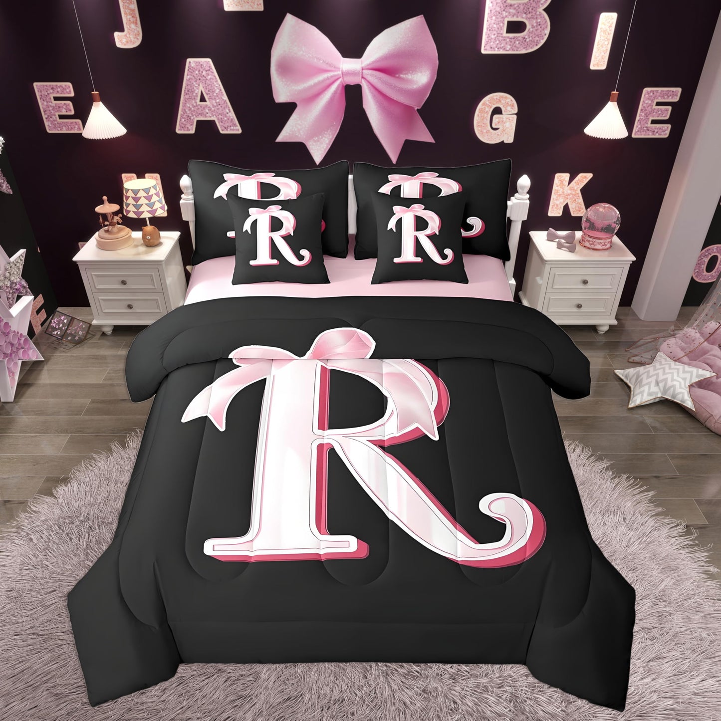 jejeloiu Kawaii Pink Bow Twin Comforter Set with Sheets,Gifts for Women Teen Girl,Personalized Initial Letter R 7 Piece Bedding Set,Soft Monogrammed Bed in a Bag with Comforter,Sheets,Pillowcases