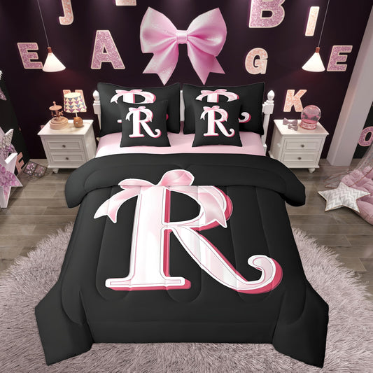 jejeloiu Kawaii Pink Bow Twin Comforter Set with Sheets,Gifts for Women Teen Girl,Personalized Initial Letter R 7 Piece Bedding Set,Soft Monogrammed Bed in a Bag with Comforter,Sheets,Pillowcases