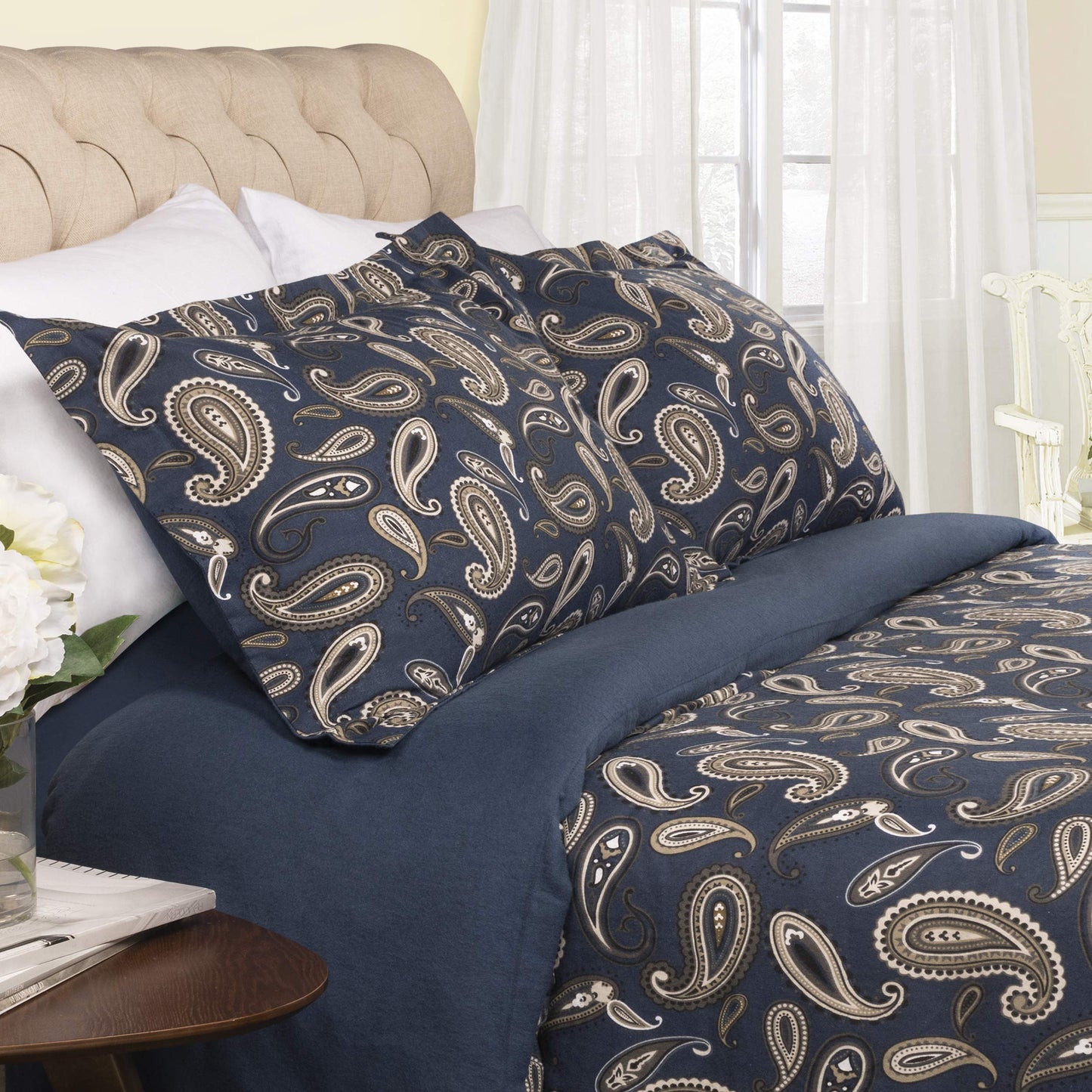 Superior Paisley Flannel Cotton Duvet Cover Set, Warm Fuzzy Comforter Cover, Cozy Soft Floral Bedding Essentials, Secure Button Closure, Includes 1 Duvet Cover, 2 Pillow Shams, Full/Queen, Navy Blue
