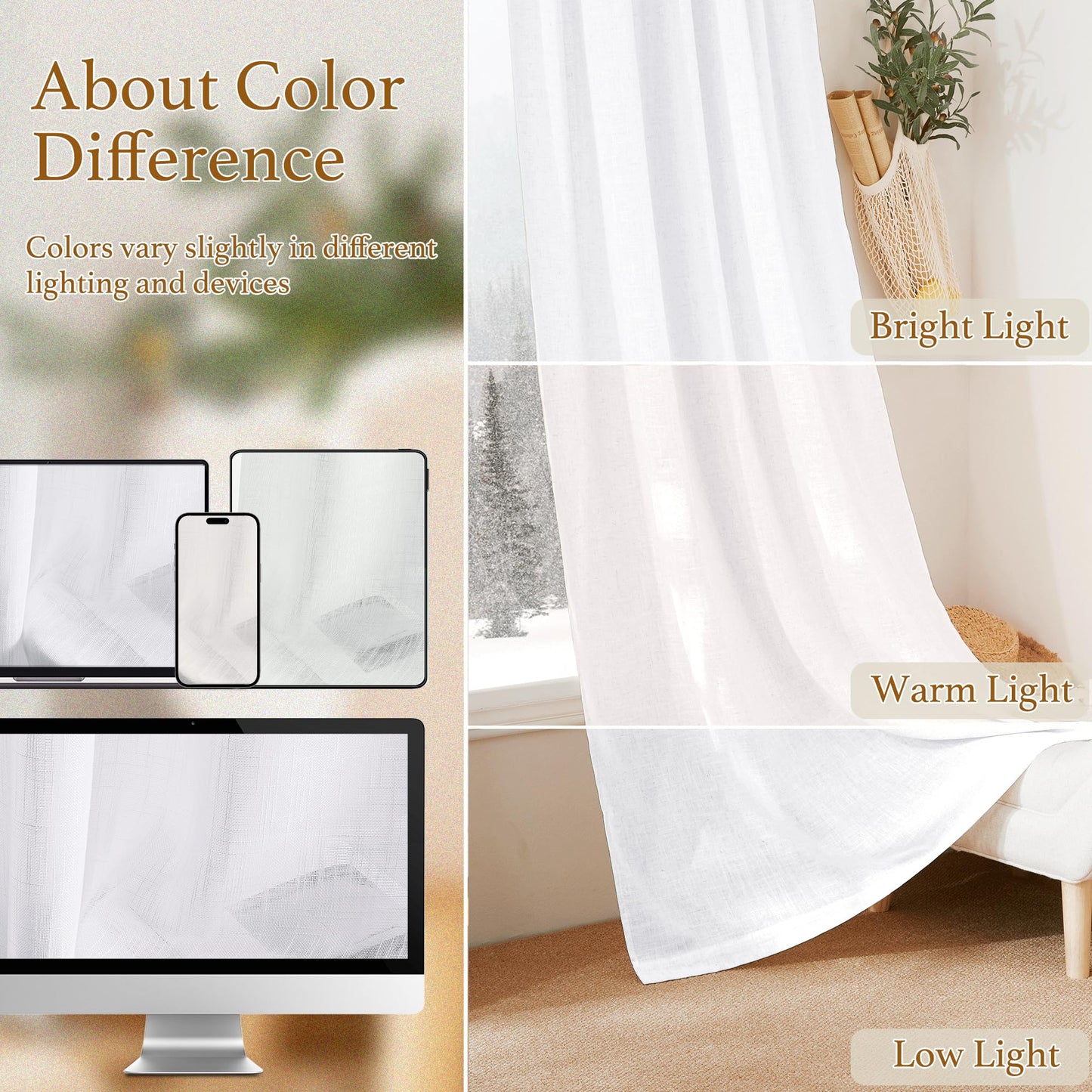 RYB HOME White Semi Sheer Curtains 84 inches Long - Living Room Curtains for Half Privacy, Linen Textured Sheer Light Filtering Vertical Window Drapes for Bedroom Dining, Width 52 inch, 2 Panels