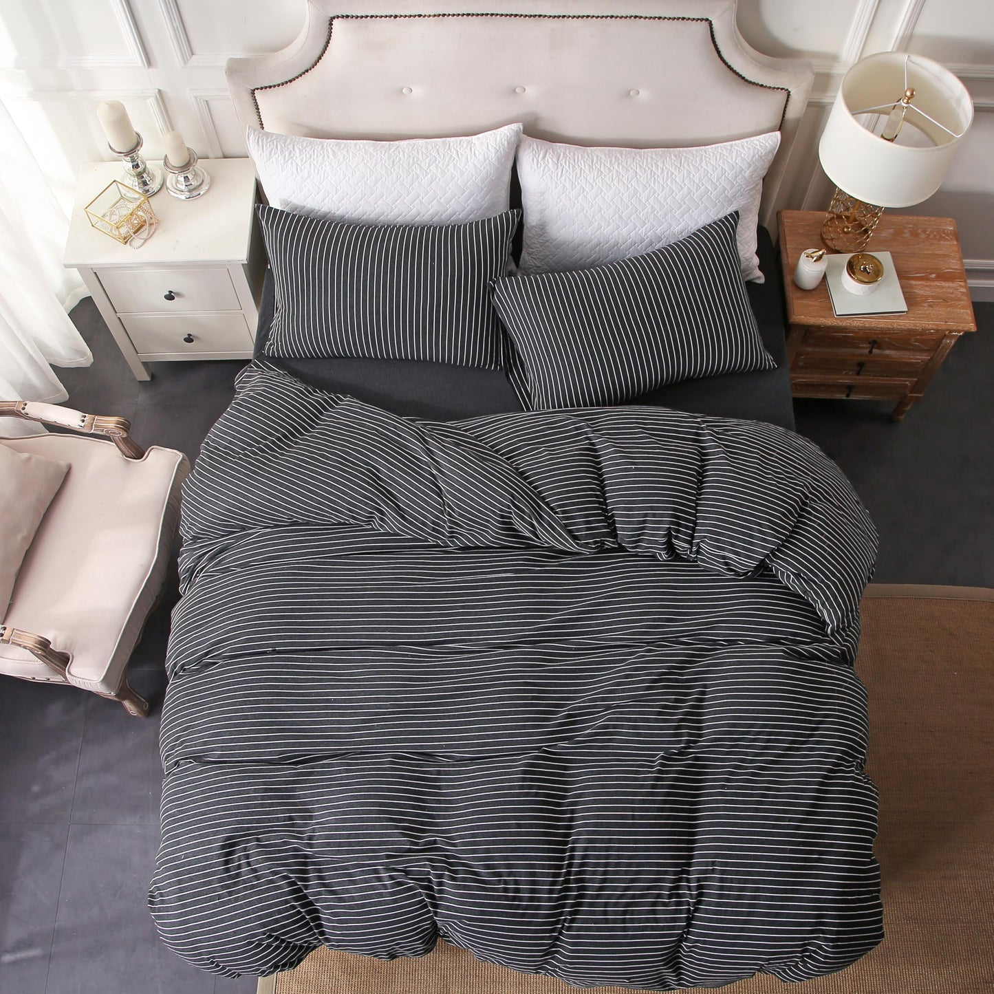 PURE ERA Jersey Knit Duvet Cover Set 100% T-Shirt Heather Cotton Super Soft Comfy Classic Striped Design, with Zipper Closure, Black & White Pinstripe, King