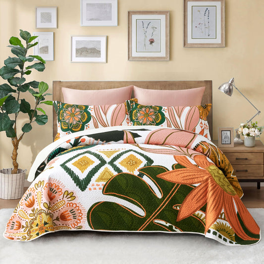 Tyrot 3 Piece Boho Floral King Size Quilt Sets Farmhouse Botanical Reversible Lightweight Bedspread Coverlet with 2 Shams Mid Century Leaves Microfiber Bedding Quilts Set for All Season, 106''x96''
