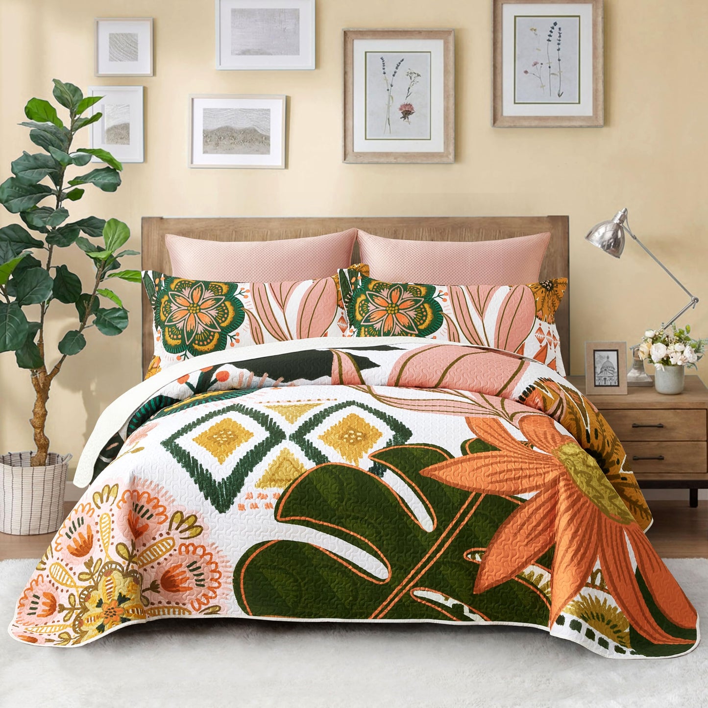 Tyrot 3 Piece Boho Floral Full/Queen Quilt Sets Farmhouse Botanical Reversible Lightweight Bedspread Coverlet with 2 Shams Mid Century Leaves Microfiber Bedding Quilts Set for All Season, 90''x96''
