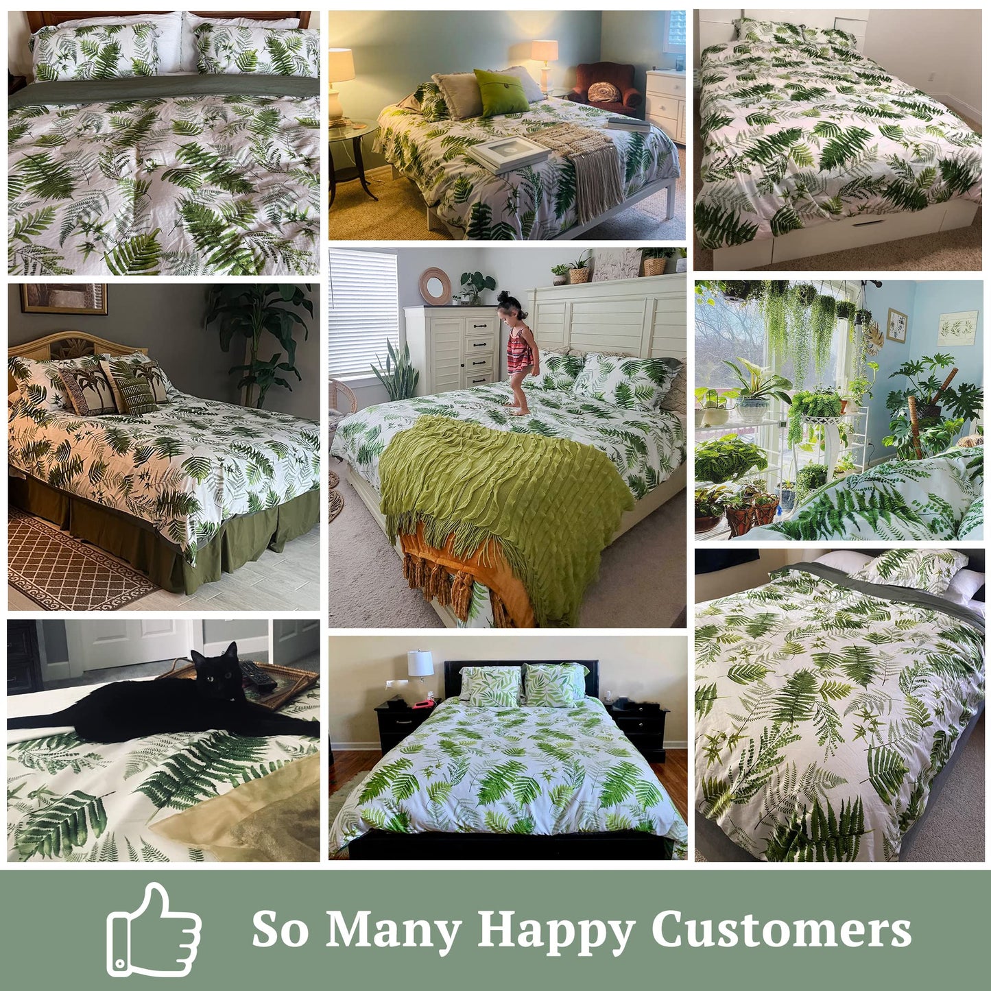 MILDLY Floral Duvet Cover Set - 100% Long-Staple Cotton Green Palm Leaf Pattern Printed Tropical Comforter Cover 3pcs Soft Breathable Luxury Bedding for All Season