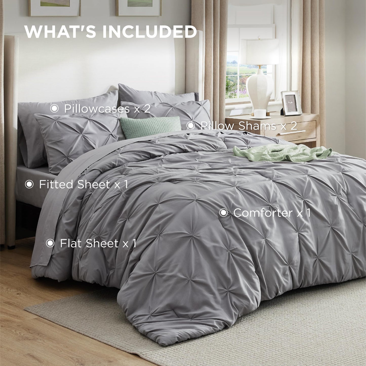 Bedsure Queen Comforter Set Grey - Bed in a Bag Queen Size Bedding 7 Pieces, GentleSoft™ Pintuck Bed Set Gift for Family, All Season Down Alternative Comforter with Sheets, Pillowcases & Shams