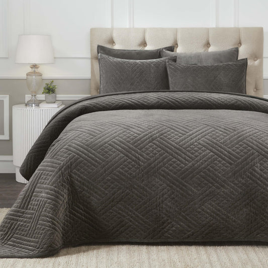 Superior 100% Cotton Velvet 3-Piece Quilt Set, 1 Lightweight Breathable Coverlet, 2 Pillow Shams, Comfy Home Essential Bedding, Cotton Fill, Geometric Aesthetic, Karina Collection, King Size, Grey