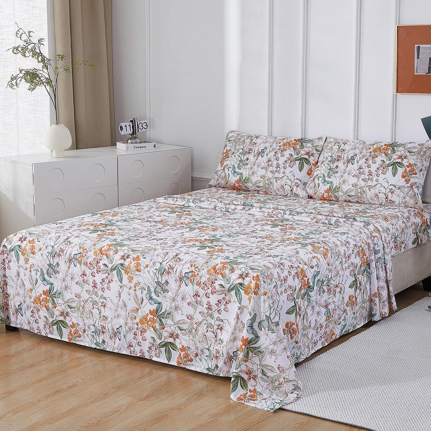 Softan Green Floral Full Sheet Set, Cozy Microfiber Butterfly Printed Fitted Bed Sheet with 15" Deep Pockets & Non-Slip Straps, Cute Girls Patterned Double Sheets & Pillowcase Set