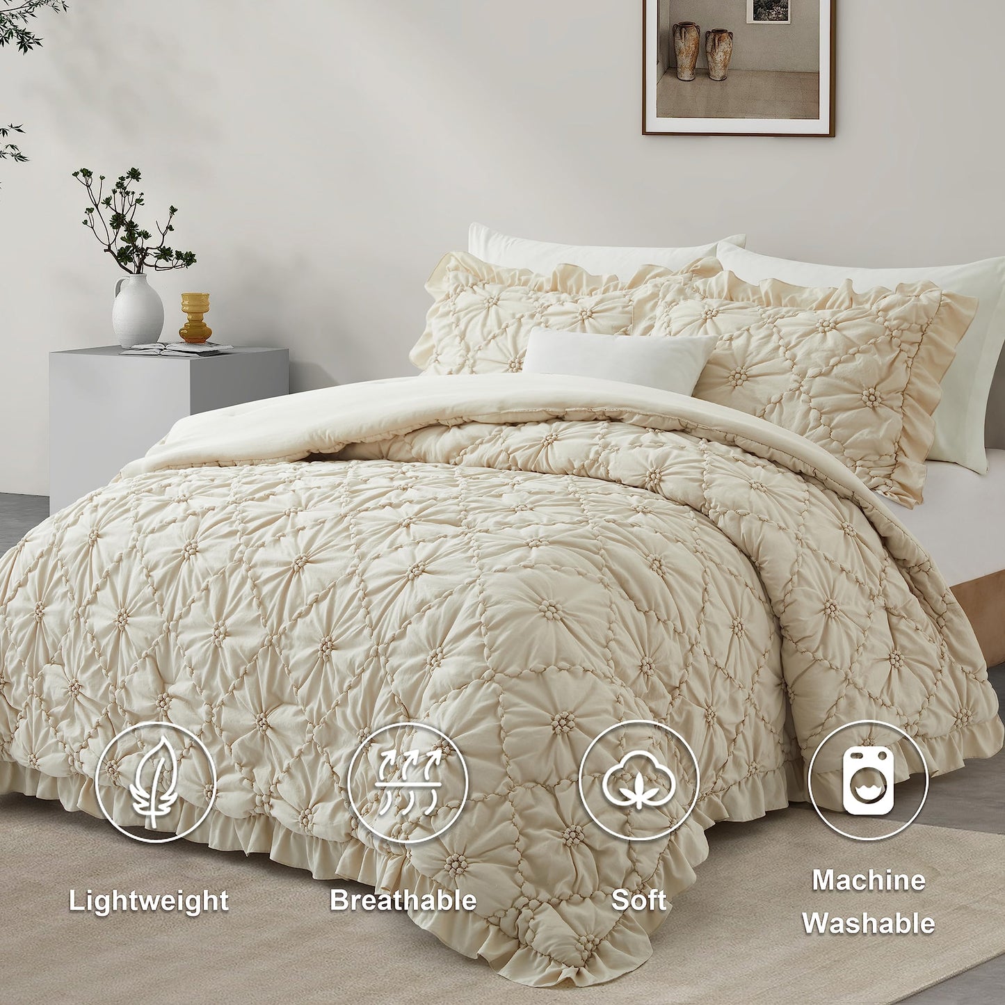 BEDAZZLED King Size Comforter Sets, Beige Bedding Comforter Set, 3 Pieces Pinch Pleat Bedding Sets with Comforter and Pillowcases Soft Farmhouse Shabby Chic Comforter for All Season