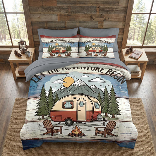 Nesker 7 Pcs Comforter Set Queen Size, Camping Mountain Adventure Bedding Set for Kids and Adults, Rustic Vintage Car Rv Bed Sheet Set with Fitted Sheet 2 Pillowcases & 2 Shams