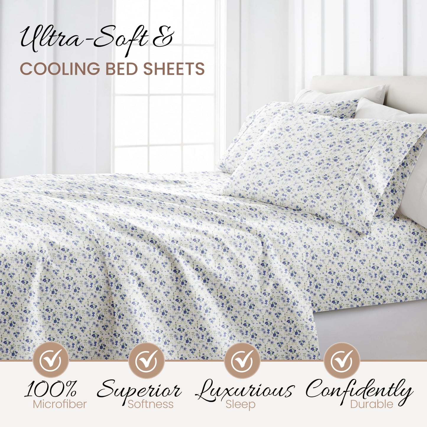 Linen Market 4 Piece Queen Sheet Set - Breathable, Double-Brushed Patterned Cooling Sheets – Ultra Soft & Wrinkle-Free 16" Deep-Pocket Queen Sheets - Easy Care Blossoms Light Blue