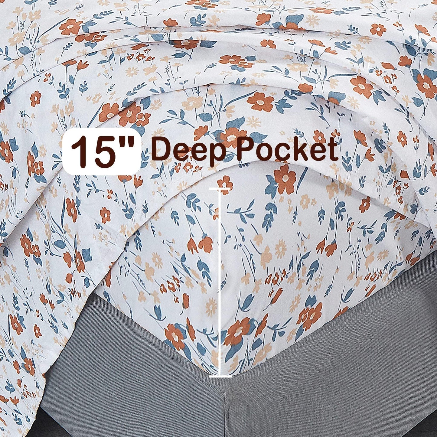 Softan Floral Full Sheet Set, Orange Flower Printed Bed Sheets - 4 Piece Soft Microfiber Patterned Fitted Sheets with 15" Deep Pocket & Non-Slip Straps, Cute Flower Sheets & Pillowcase Set