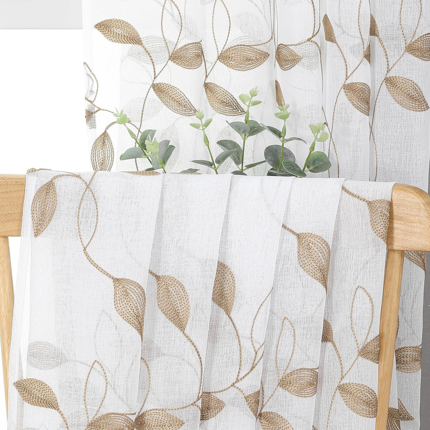 Tollpiz Taupe Leaf Sheer Curtain Leaves Embroidered Bedroom Curtains Rod Pocket Voile Window Treatments for Living Room, 38 x 63 inches Long, Set of 2 Panels