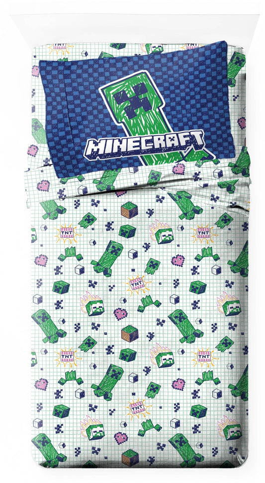Jay Franco Kids Sheet Set with Fitted, Flat Sheets & Pillow Cover - Ultra-Soft Bedding with Pillowcase for Room Decor, Multi - Minecraft, 3 Piece Twin