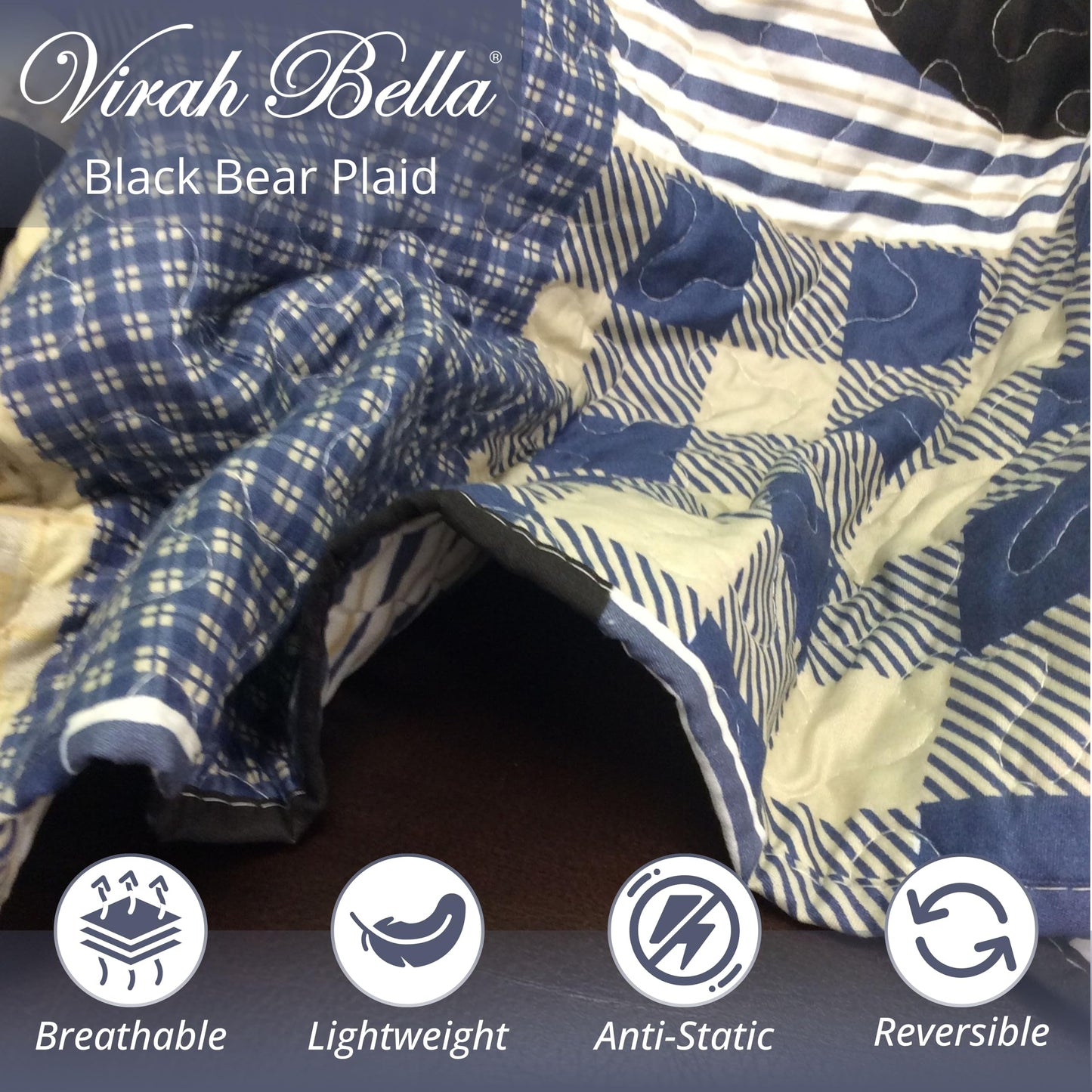 Virah Bella 3 Piece Queen Lodge Quilt Bedding Set - Black Bear Plaid - Rustic Cabin Country Reversible Camping Comforter Set with Decorative Pillow Shams, Blue/Black