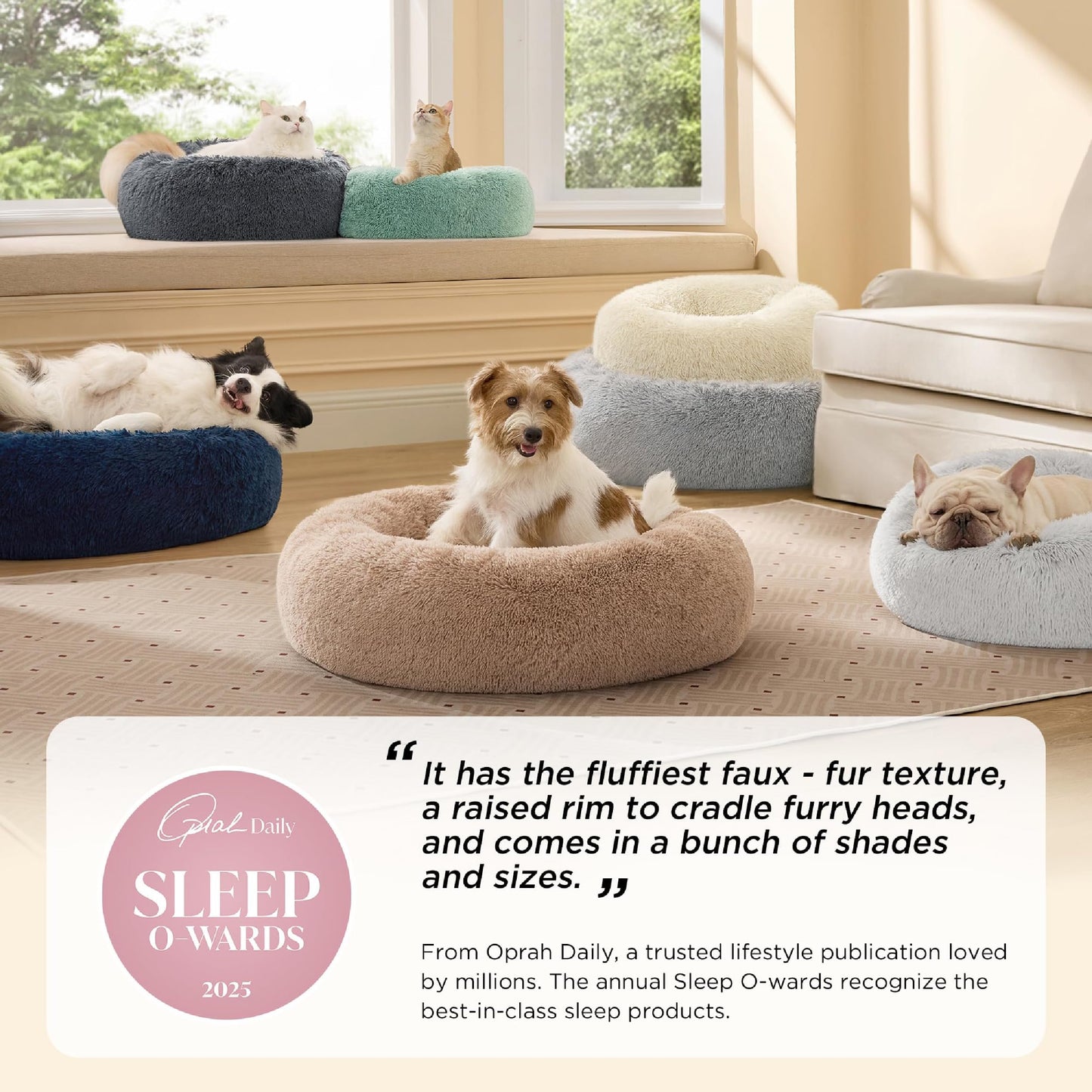 Bedsure Calming Dog Beds Large Sized Dog - Donut Washable Large Pet Bed, 36 inches Anti-Slip Round Fluffy Plush Faux Fur Dogs Bed, Fits up to 80 lbs Pets, Camel
