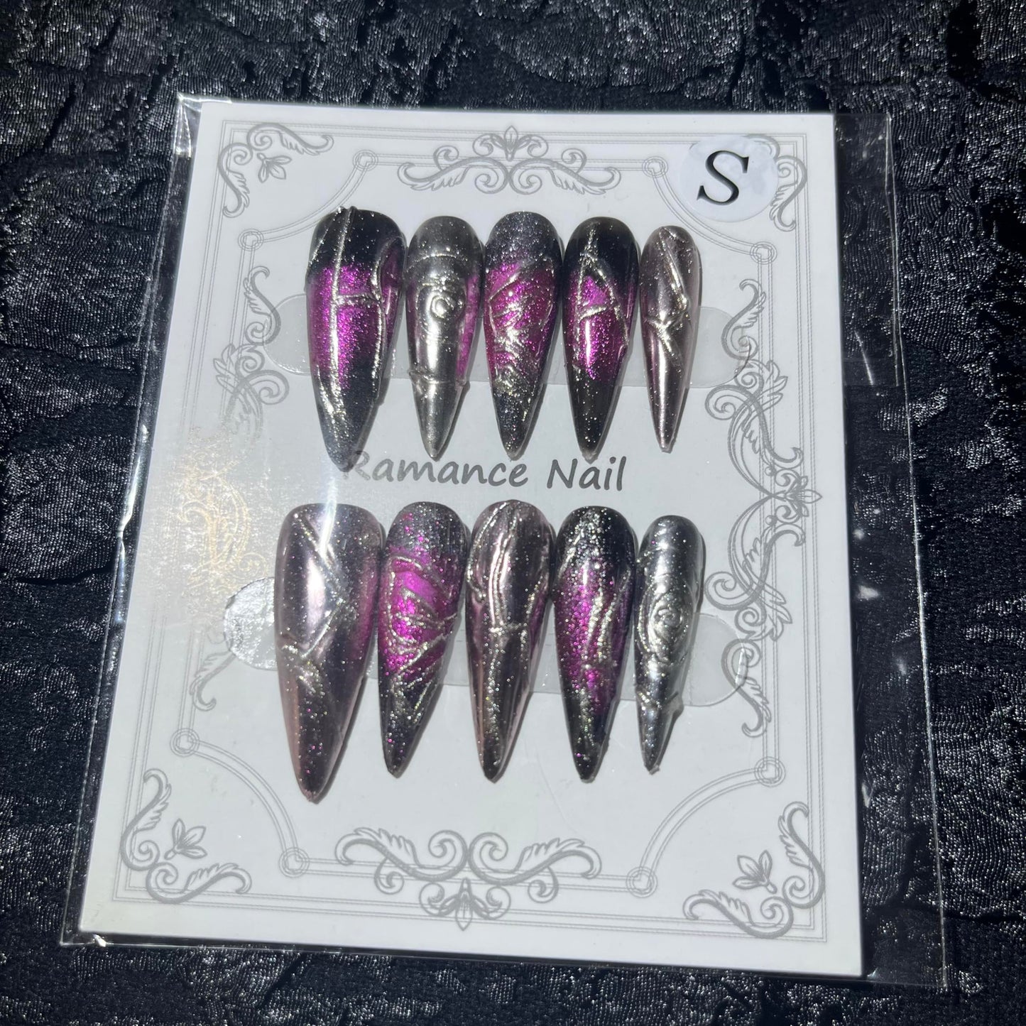 Press on Nails Handmade Nails 10Pcs Gothic Style Manual Nail Art Dark Purple Fake Nails for Women Party Holiday Photo 3.0CM Size S