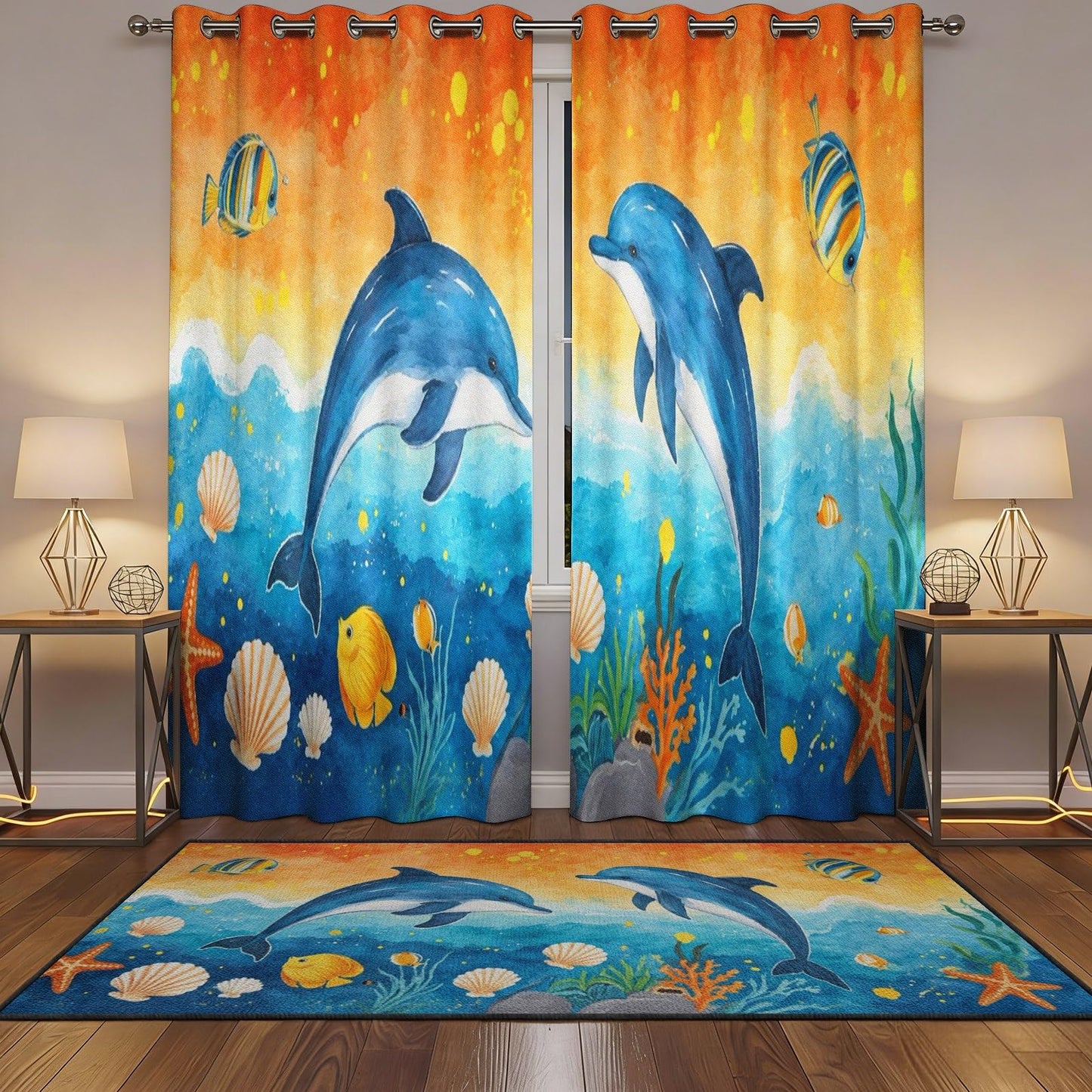 MBVZGUK Ocean Dolphin Blackout Curtains 72 Inch Long 2 Panels, Blue Underwater World Coral Tropical Fish Landscape Decor Drapes, Oil Pinting Style Curtain for Boys Girls Toddler Bedroom