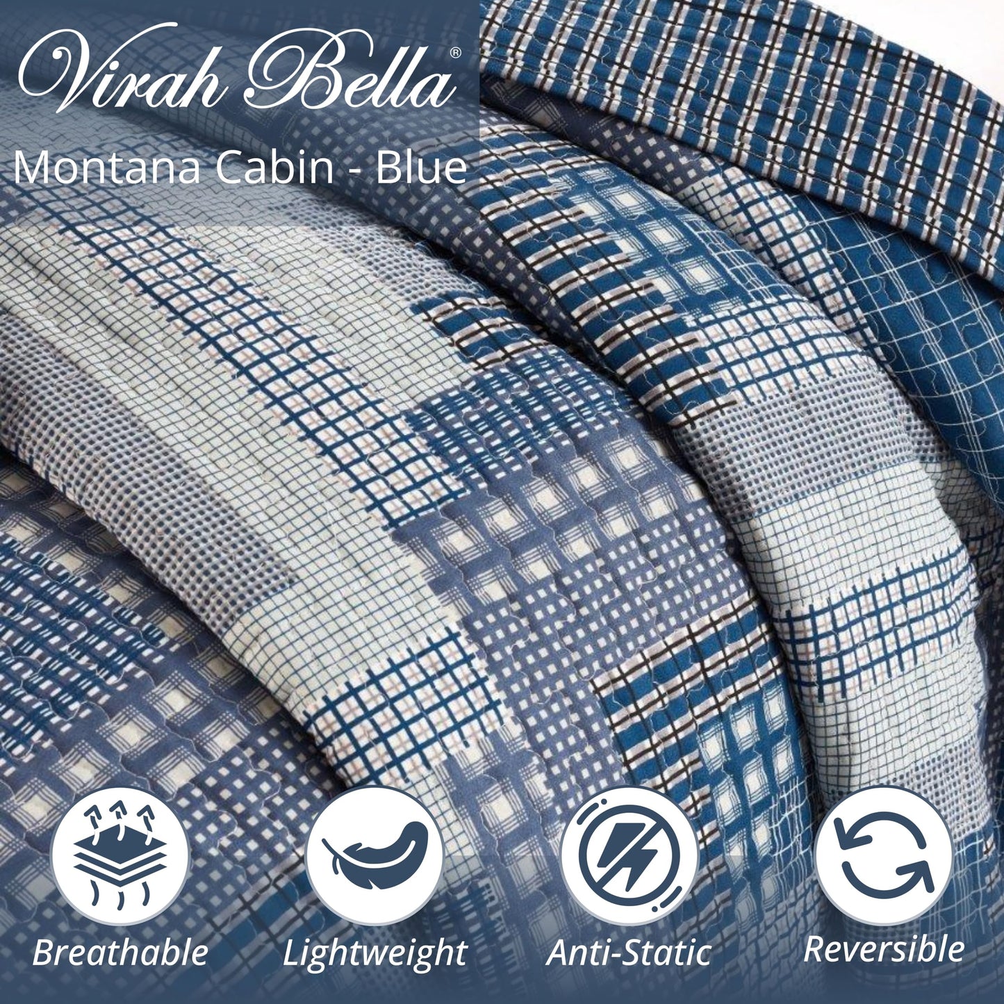 Virah Bella 2 Piece Full/Queen Lodge Quilt Bedding Set - Rustic Country Reversible Comforter Set with Decorative Pillow Shams - Montana Cabin: Blue/Gray