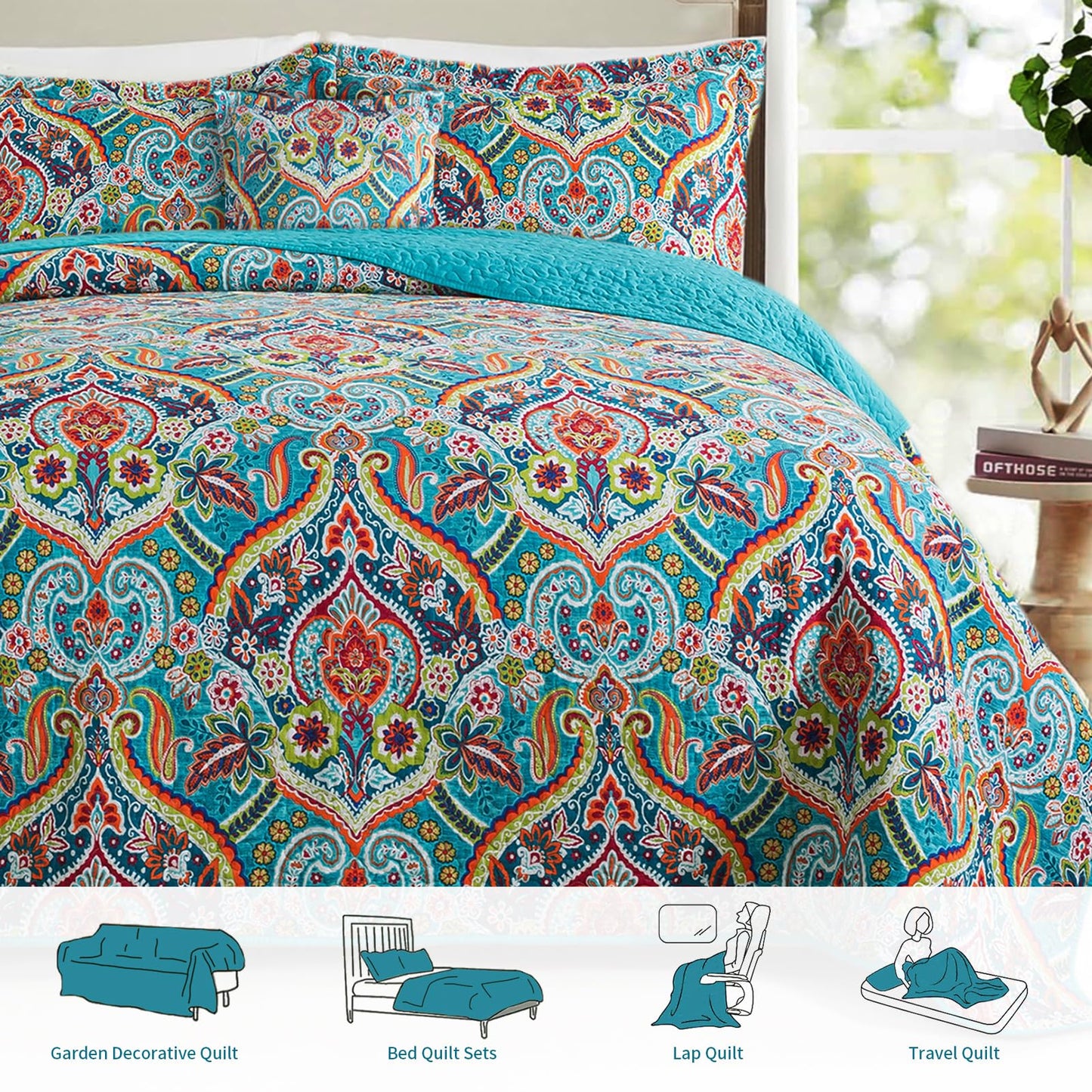 TWINRUN Cotton California King Quilt, Floral Style Oversized King Size Bedspreads (108 * 118 Inch),3 Pieces Lightweight Quilted Cotton California King Bed Set for All Seasons