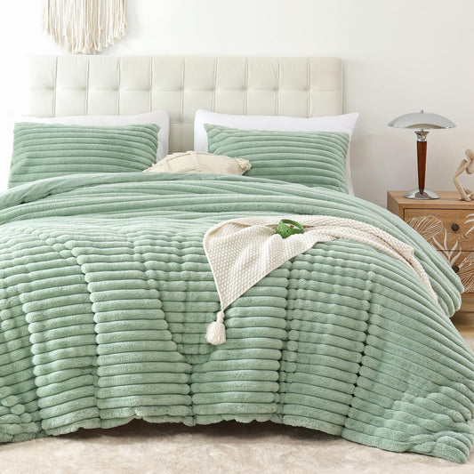 Smoofy Fluffy King Size Comforter Set 3 Pieces - Sage Green Fleece Fluffy Comforter Set, Luxury Fuzzy King Bedding Set, Soft King Bed Set All Season, Heavy Faux Fur Comforter with 2 Pillow Cases