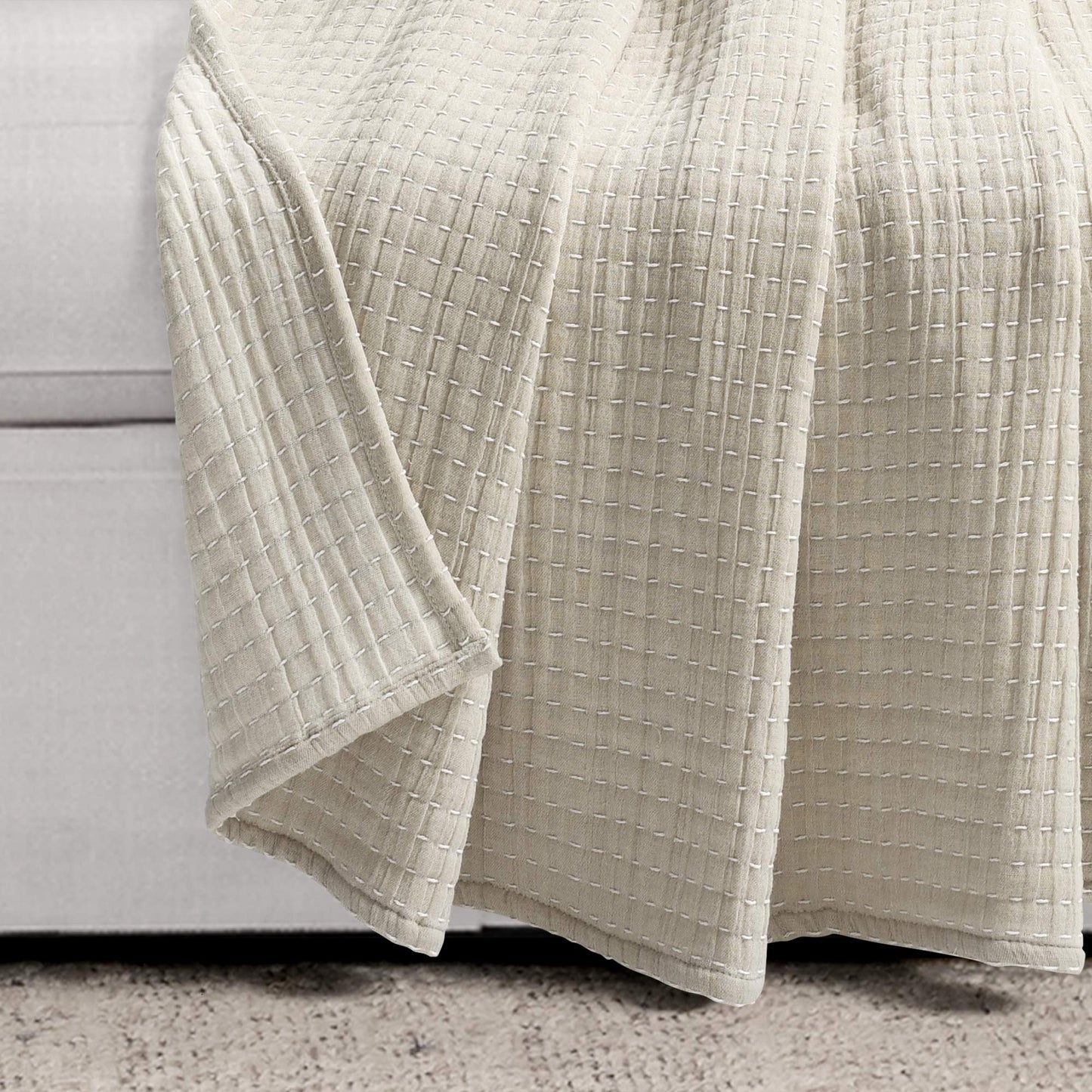 Lush Decor Solid Kantha Pick Stitch Cotton Throw Blanket 50" W x 60" L Neutral & Off White - Beige Throw Blanket for Bed - Textured Soft Couch Blankets