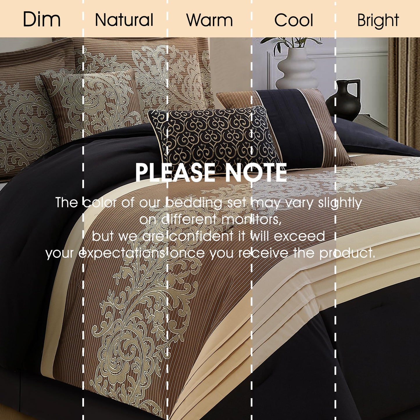 LANCO MODERN LIFESTYLE Black Gold Comforter Set, Queen, Damask Jacquard with Matching Solid Piece Work, 7 Piece Soft Bedding Set for All Season, Bed Skirt, Pillow Shams and Decorative Pillows