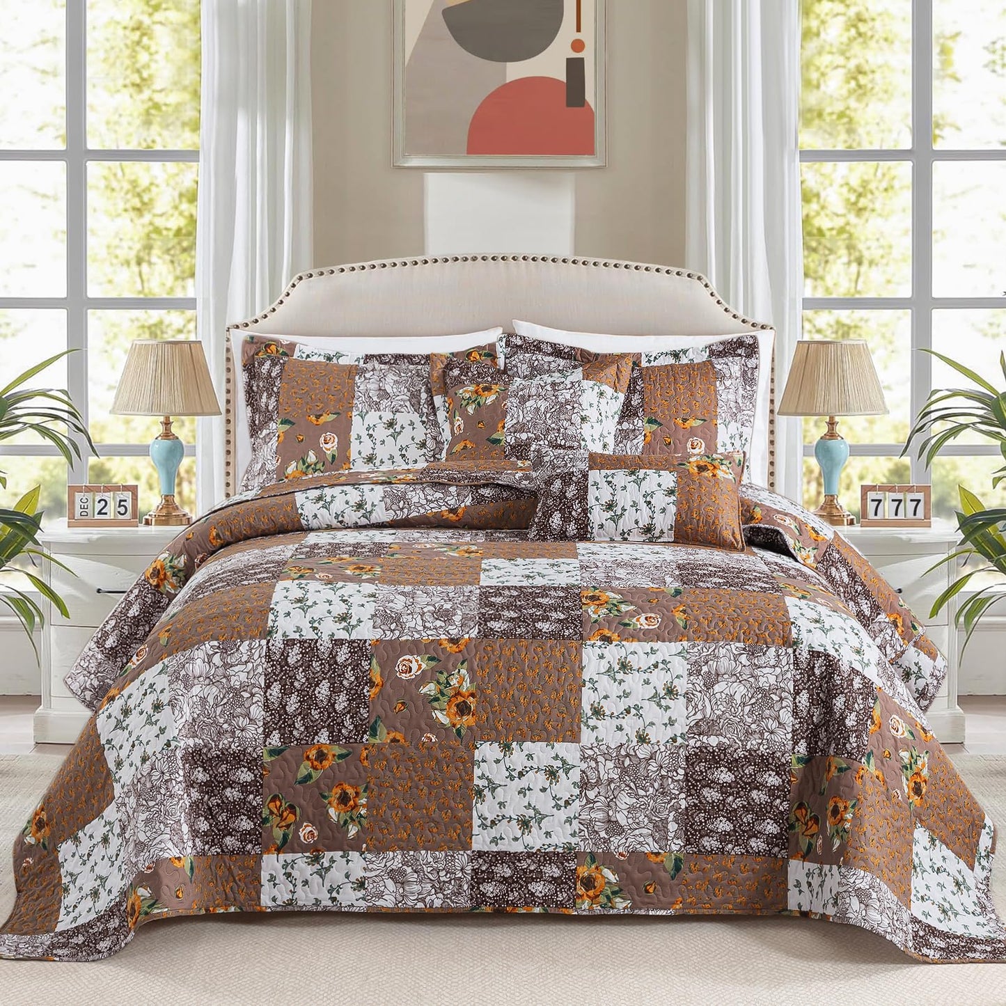 BEDIFANY Cotton Filling King Quilt Set - Reversible Farmhouse Bedspreads King Size with 2 Pillow Shams - Lightweight King Size Quilt Bedding Sets, 3 Pieces (98 x 106 inch)