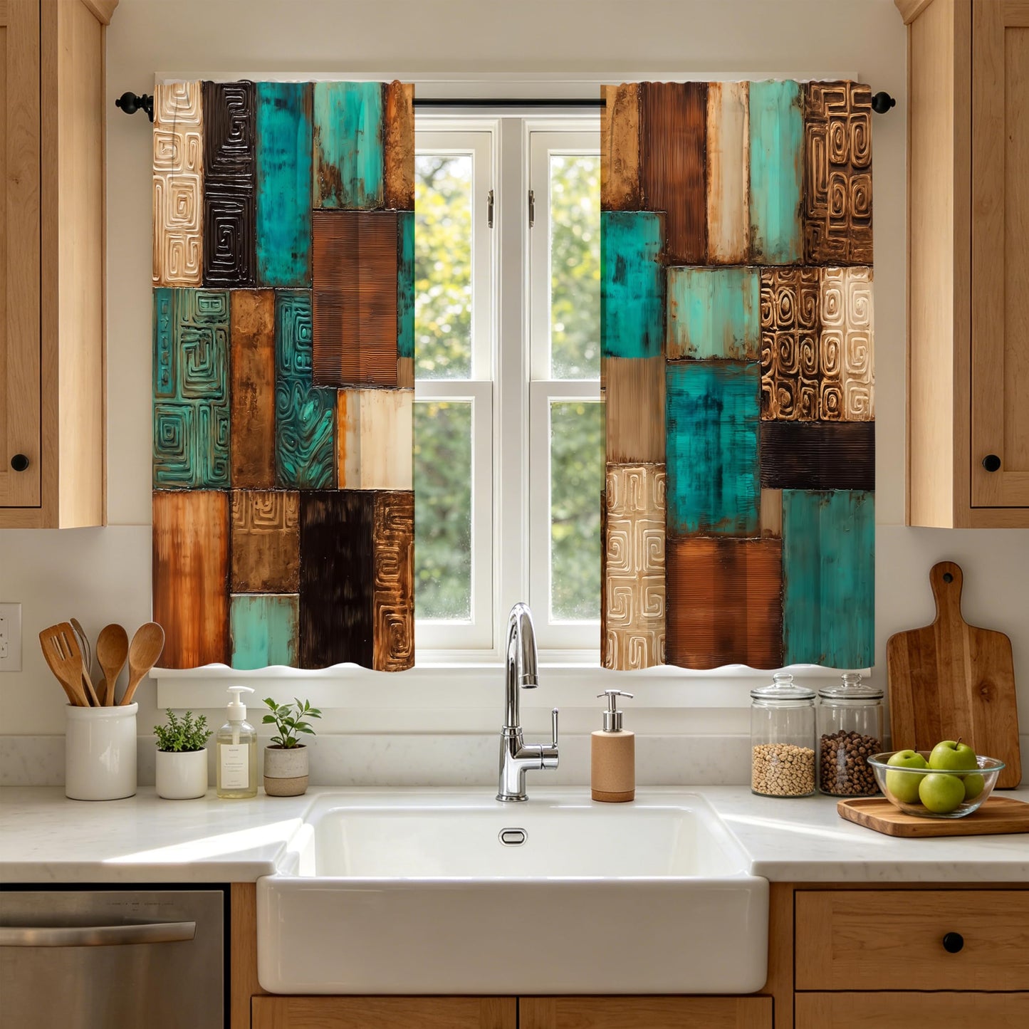 bassyil Vintage Geometric Teal Kitchen Curtains Cafe Curtains for Bathroom Dining Room Living Room Farmhouse Pocket Window Drapes 2 Panels Set Blackout Curtain 28"x36"