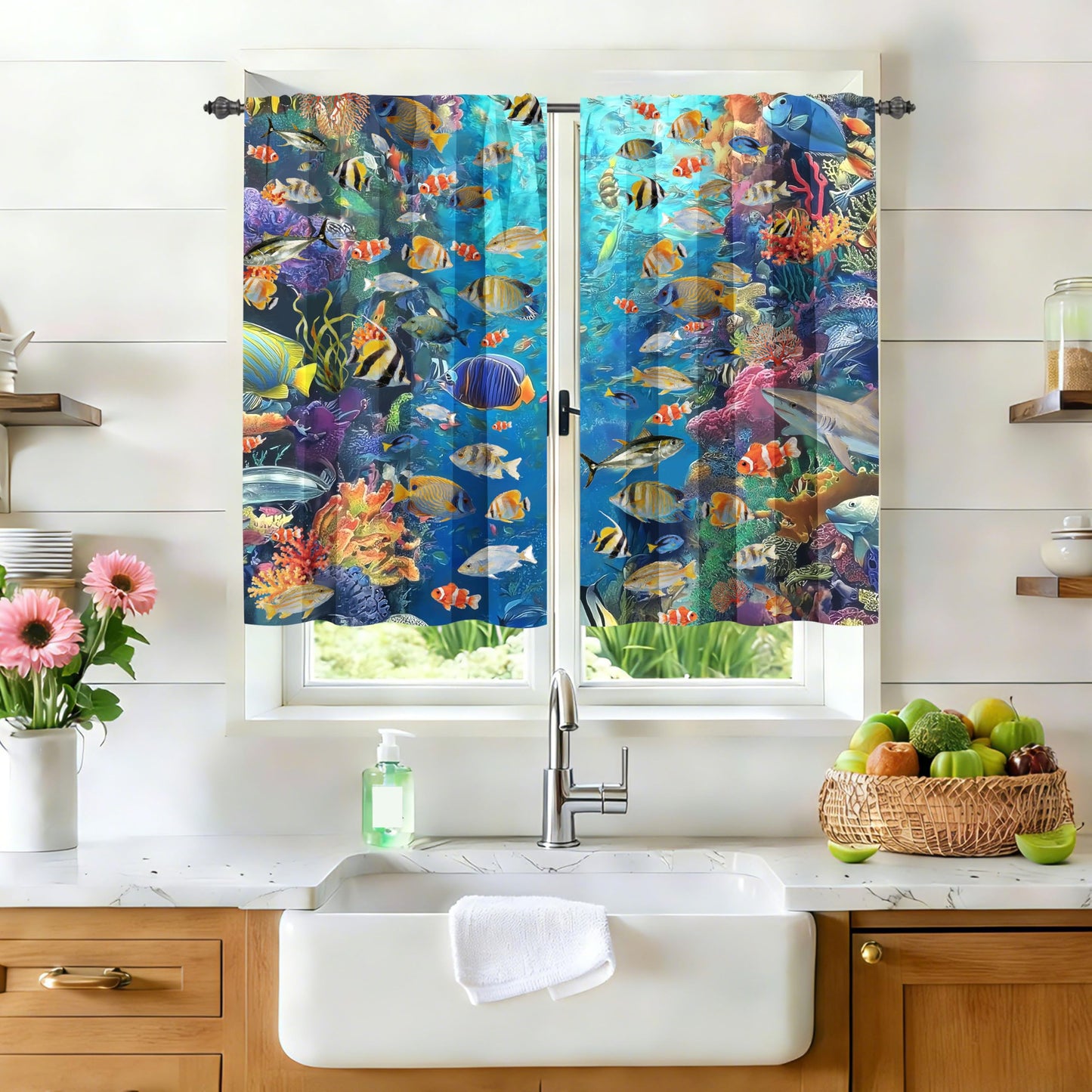 Ecixzyo Fish Kitchen Curtains Short Rod Pocket Drapes Tiers Window Curtains for Basement Bathroom 2 Panels 28x36in