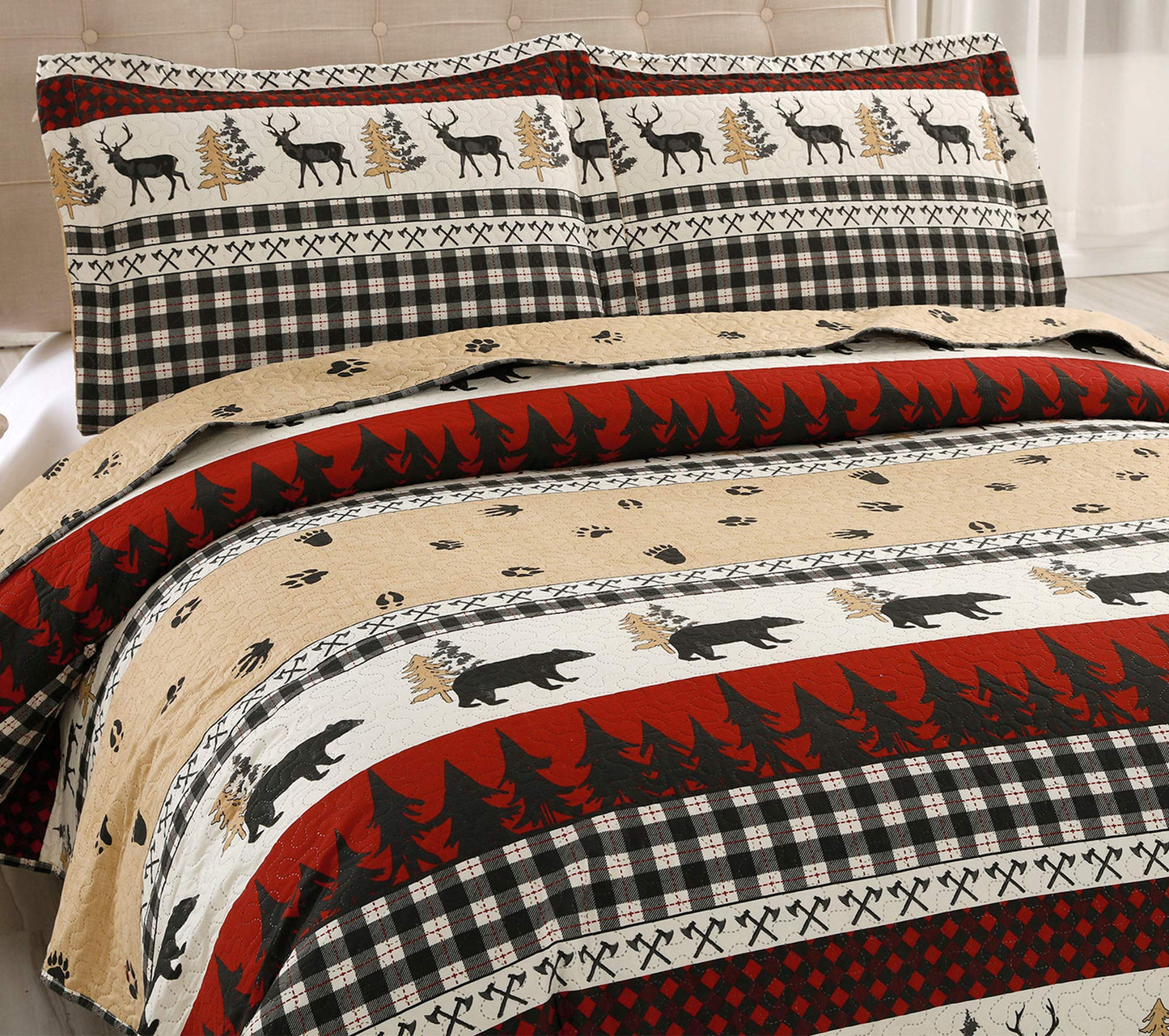 Rustic Quilt Bedding Set Queen Size Bedspread Coverlet Country Quilts Lodge Cabin Bedding Black White Buffalo Plaid Quilts Forest Elk Moose Lightweight Reversible Quilt Bed Spread with 2 Pillow Shams