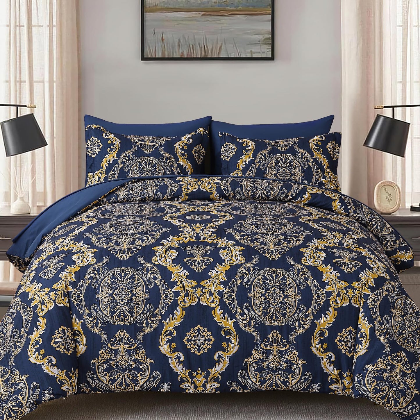 WONGS BEDDING Blue Gold Comforter Set Queen Size,Damask Texture 7 Pieces Bed in a Bag Microfiber Comforter Bedding Sets -1 Comforter, 1 Flat Sheet, 1 Fitted Sheet, 2 Pillow Shams, 2 Pillowcases