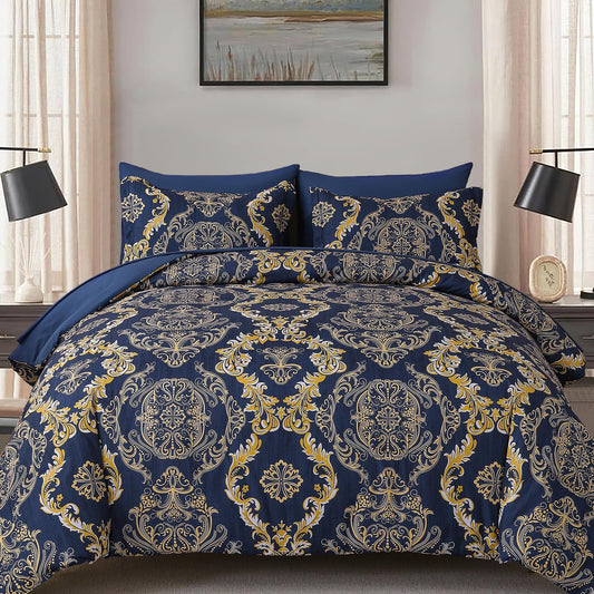 WONGS BEDDING Blue Gold Comforter Set Queen Size,Damask Texture 7 Pieces Bed in a Bag Microfiber Comforter Bedding Sets -1 Comforter, 1 Flat Sheet, 1 Fitted Sheet, 2 Pillow Shams, 2 Pillowcases