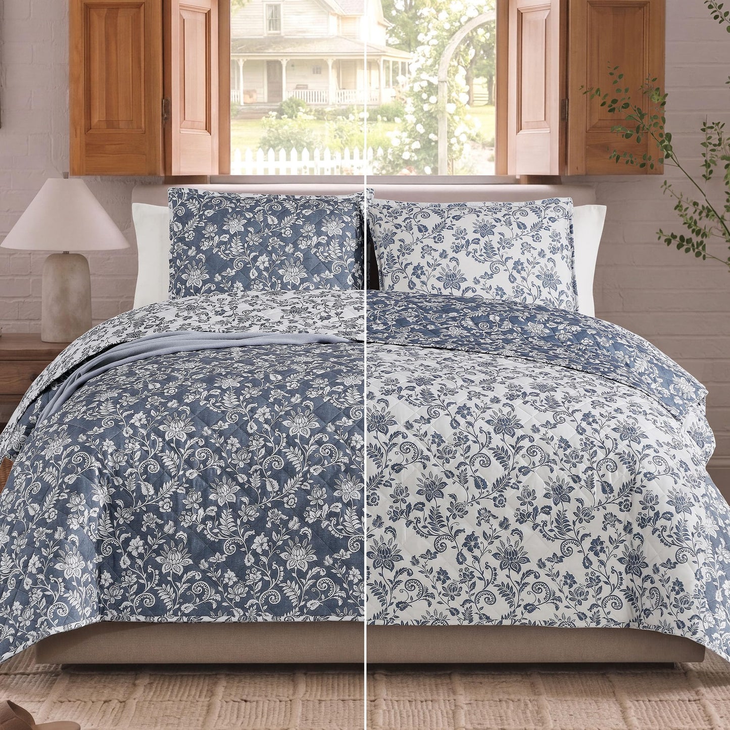 BLOOMHAVEN Quilt Set Queen Size, Oxford Blue Floral Quilt Sets, Reversible Bedspread Lightweight and Breathable for All Seasons, Soft Quilted Bedspread with 2 Pillow Shams