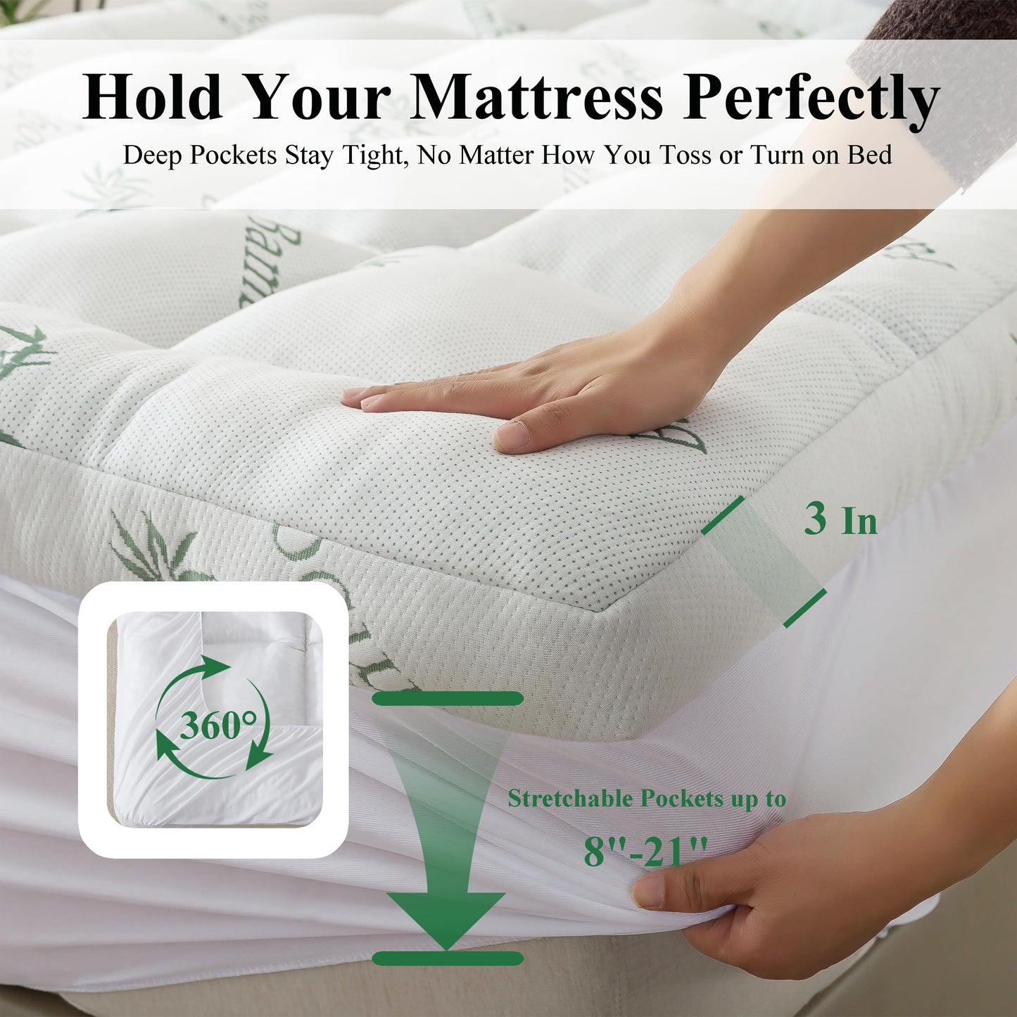 ELNIDO QUEEN® 3 Inch Memory Foam Mattress Topper Full Size - Cooling Breathable Bamboo Viscose Pillow Top for Hot Sleepers, 1700 GSM Fill, Ultra Soft Mattress Pad for Back Pain Relief, 3"x54"x75"