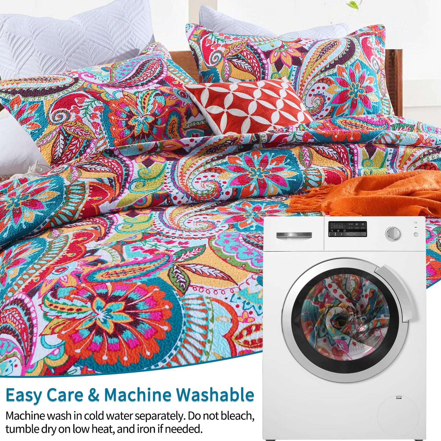 Qucover Cotton Quilt Set, Queen Size, Multicolor Paisley, Boho Style, Soft Lightweight Coverlet with 2 Pillow Shams, 90x98 Inches